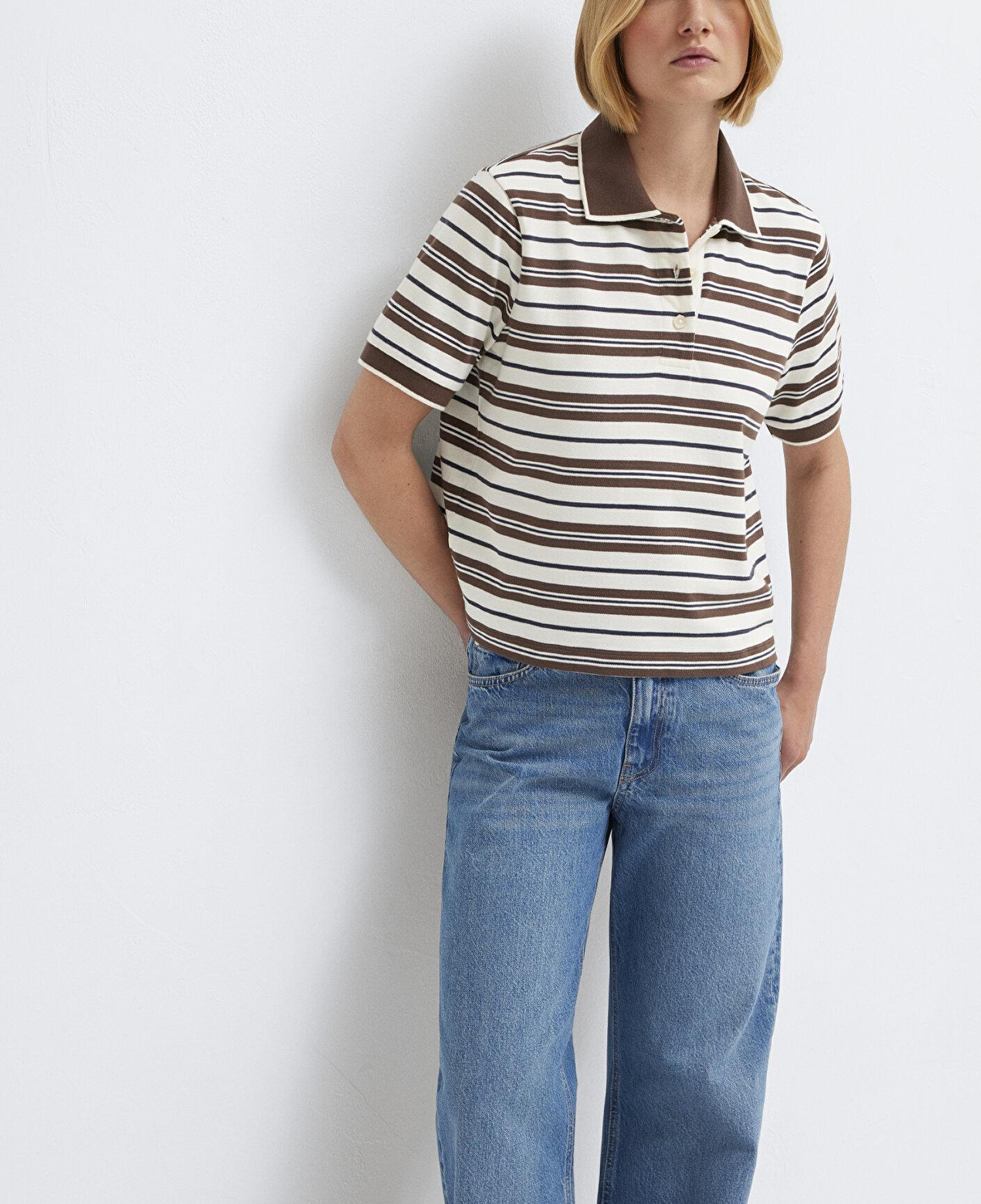Mavi Çizgili Polo Yaka Bej Tişört Regular Fit / Normal Kesim 1614119-91723