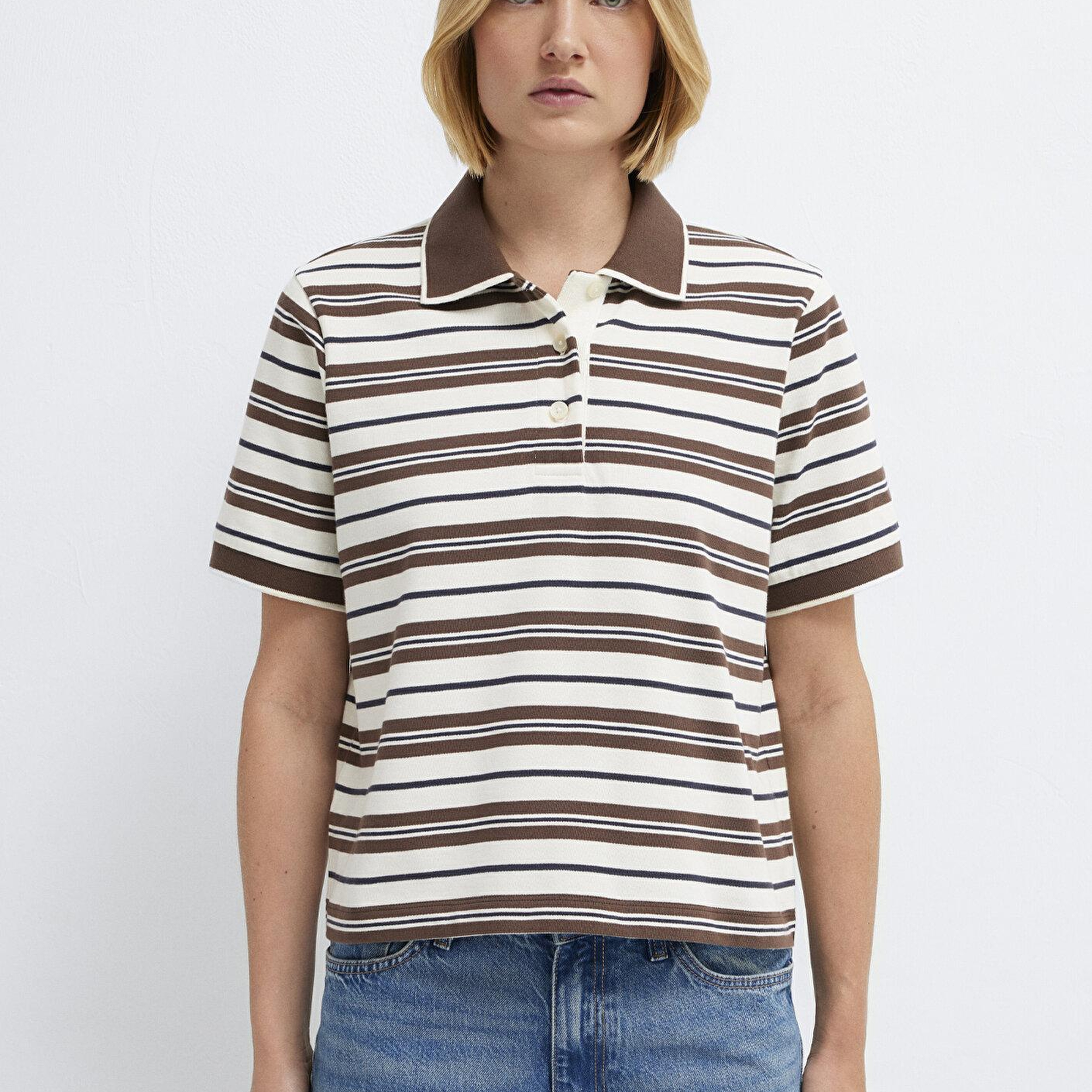 Mavi Çizgili Polo Yaka Bej Tişört Regular Fit / Normal Kesim 1614119-91723