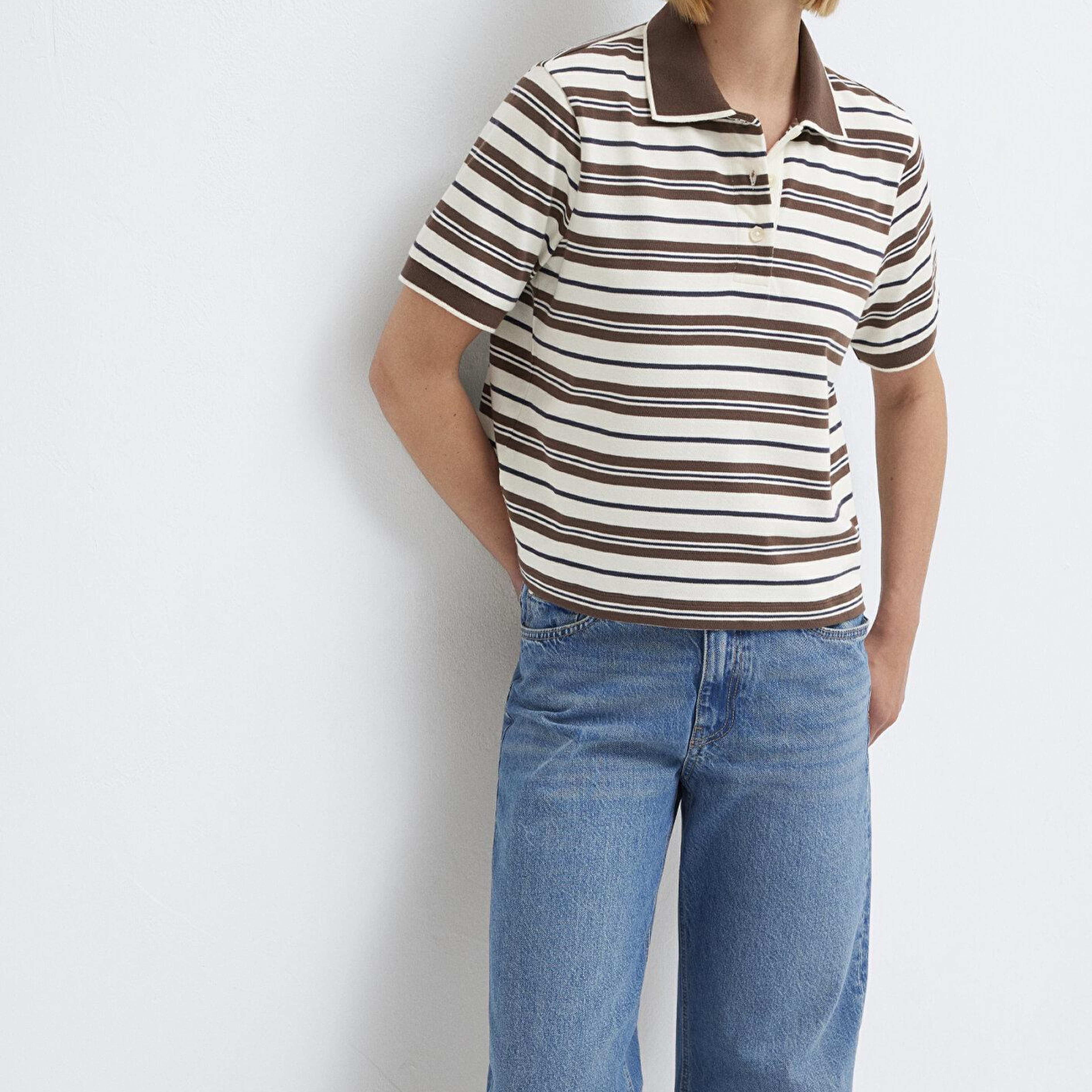 Mavi Çizgili Polo Yaka Bej Tişört Regular Fit / Normal Kesim 1614119-91723
