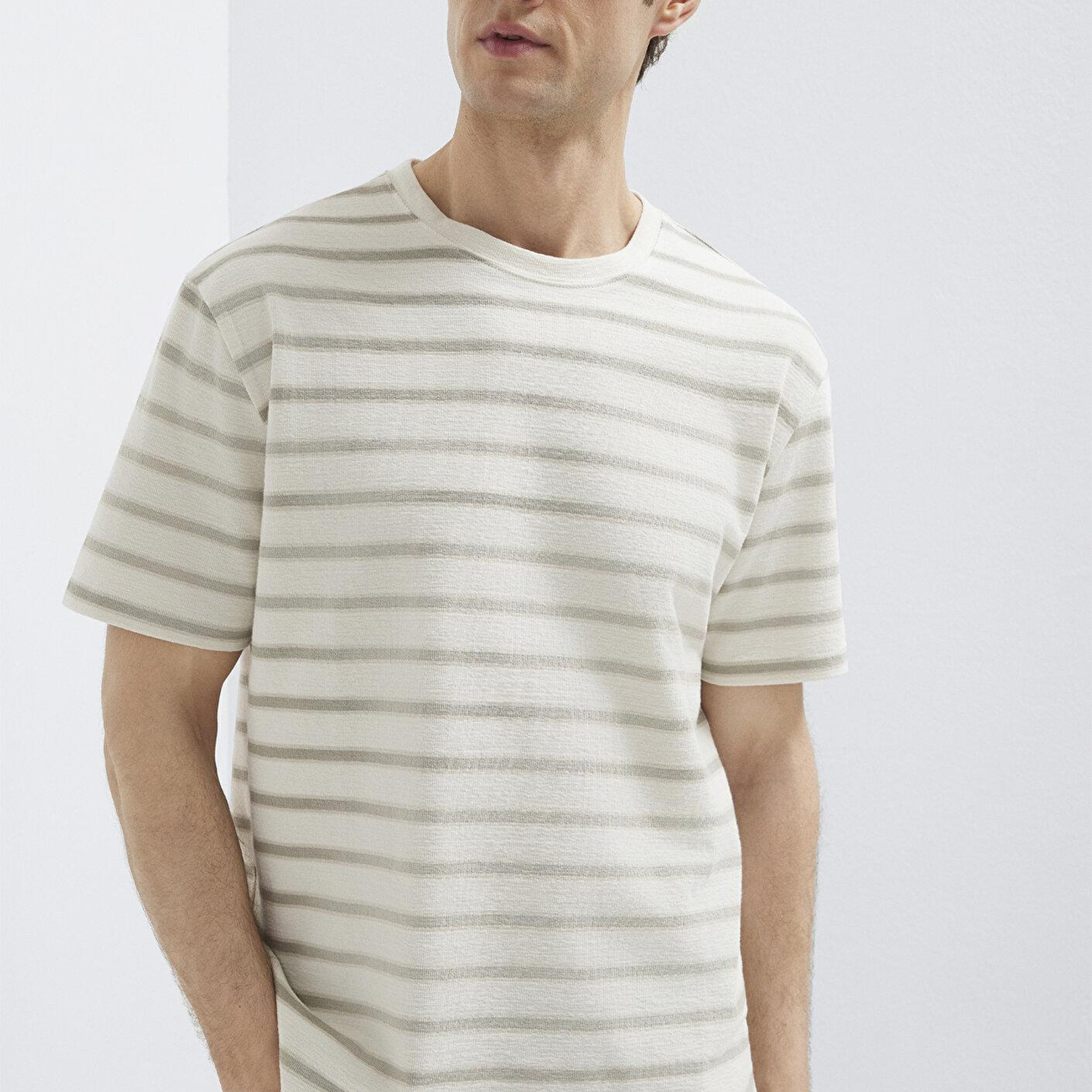 Mavi Çizgili Bej Tişört Loose Fit / Bol Rahat Kesim 0613343-70352