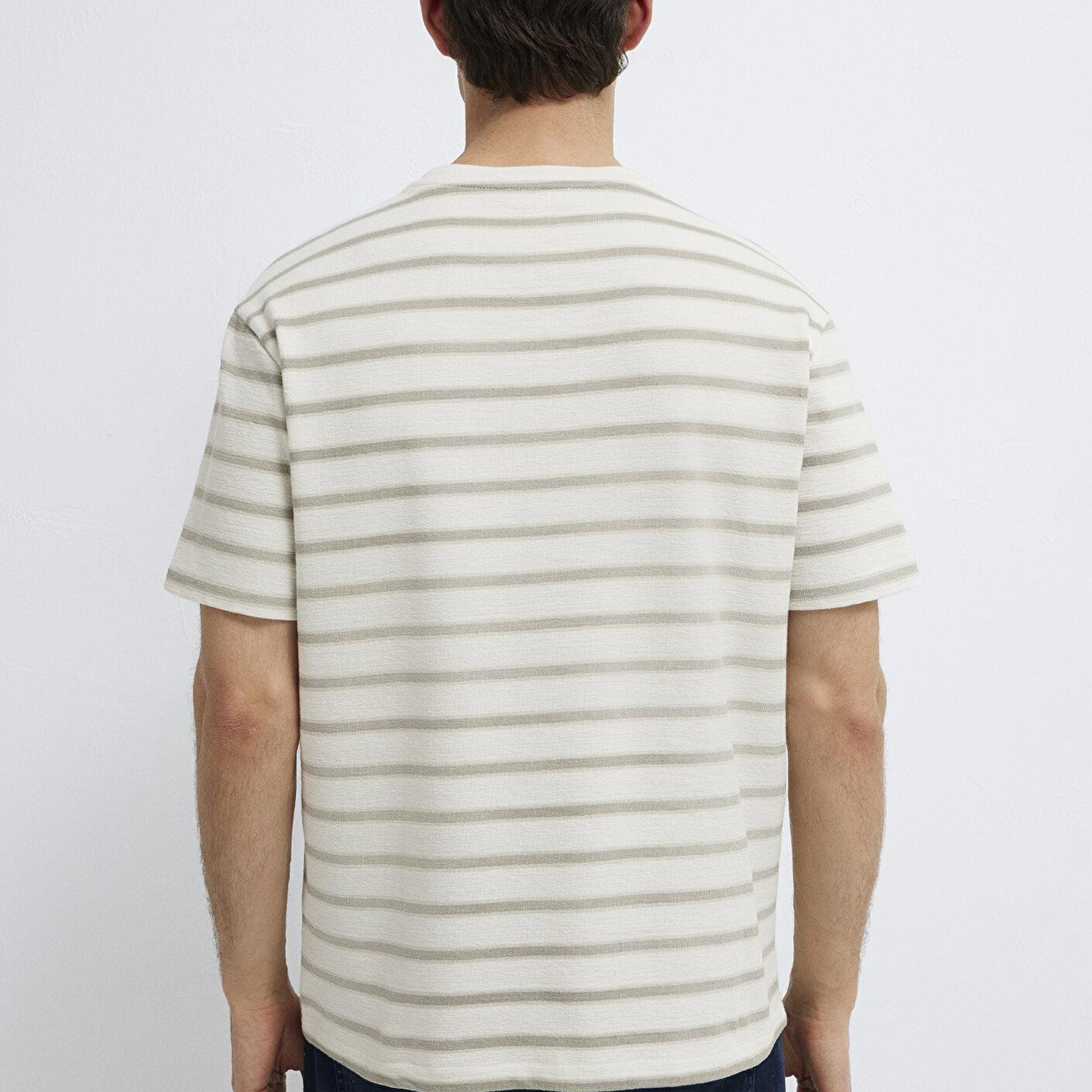 Mavi Çizgili Bej Tişört Loose Fit / Bol Rahat Kesim 0613343-70352