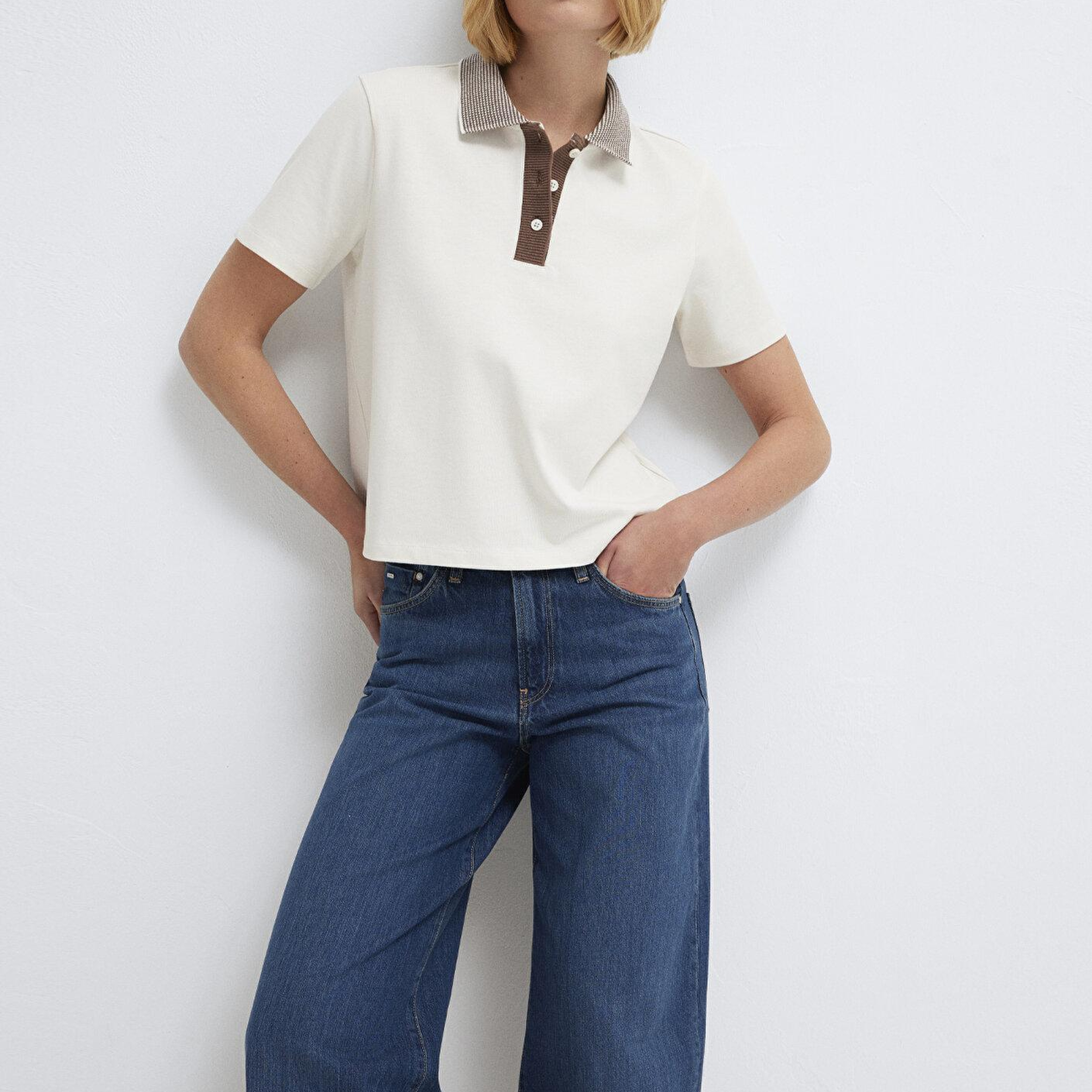 Mavi Yaka Detaylı Ekru Polo Tişört Slim Fit / Dar Kesim 1614118-70048
