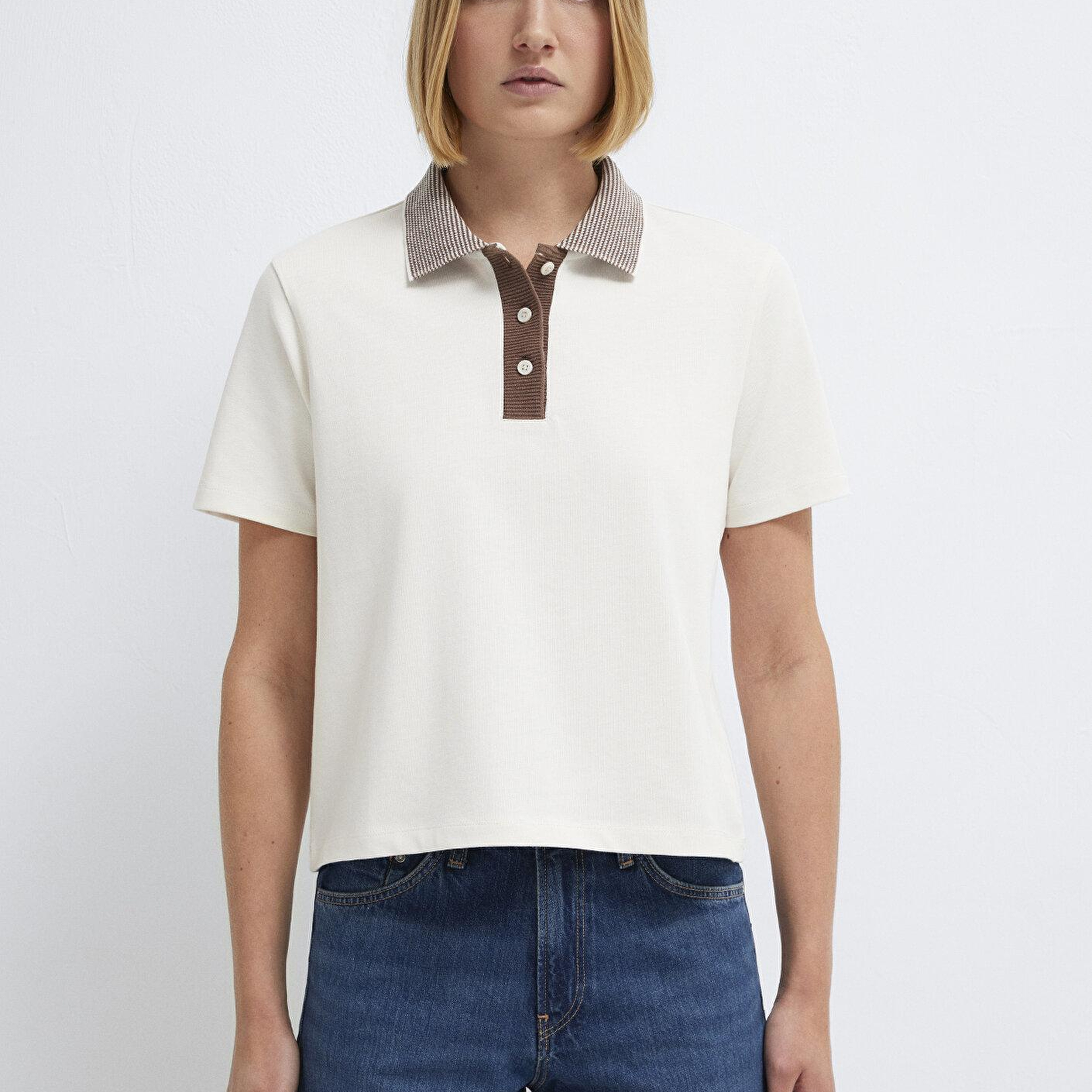 Mavi Yaka Detaylı Ekru Polo Tişört Slim Fit / Dar Kesim 1614118-70048