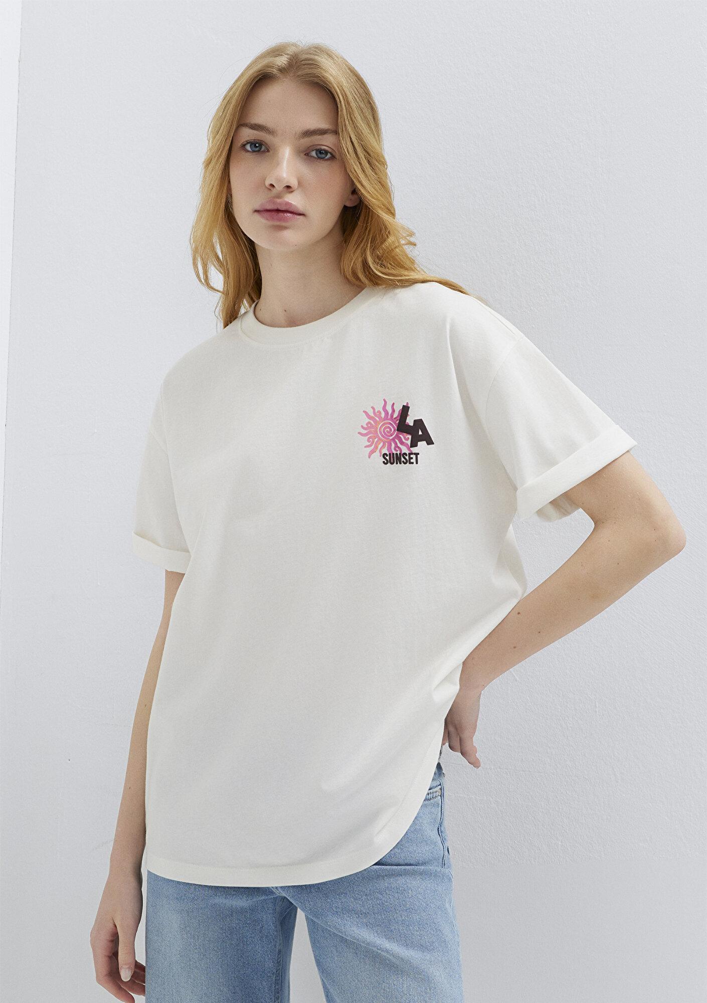 Mavi Baskılı Ekru Tişört Loose Fit / Bol Rahat Kesim 1613924-70057
