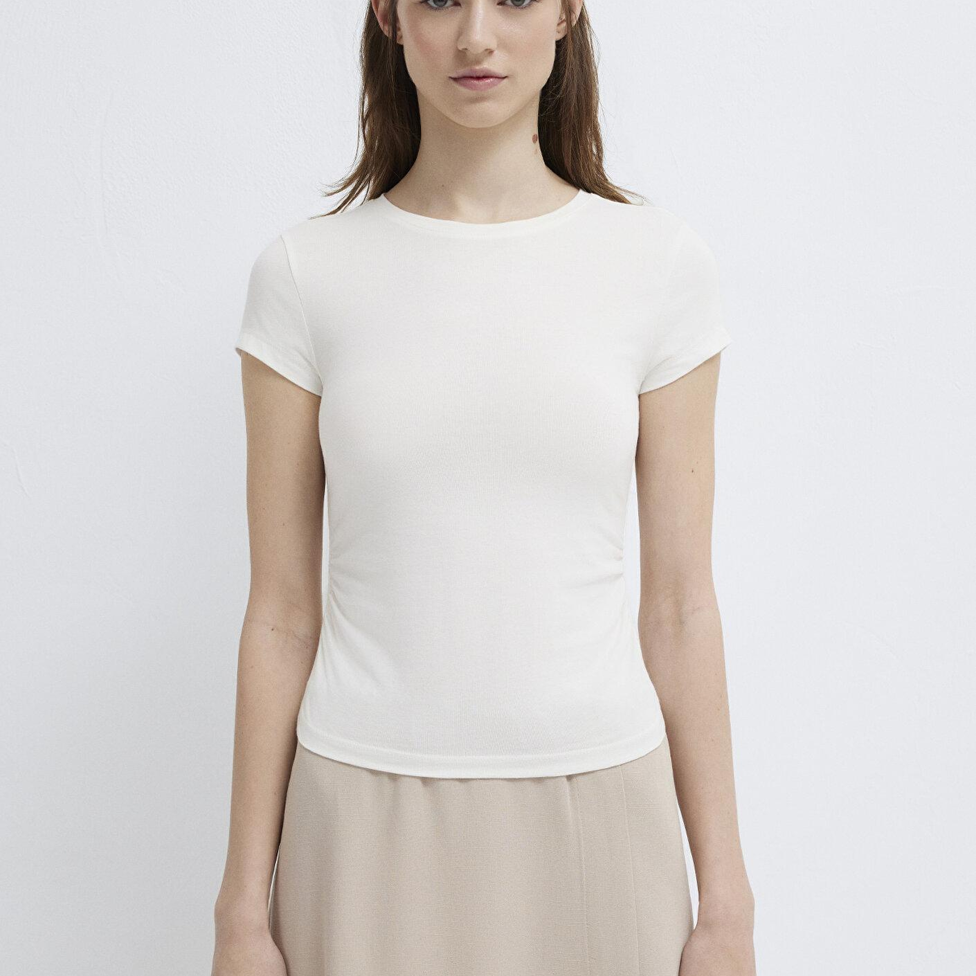 Mavi Ekru Basic Crop Tişört Fitted / Vücuda Oturan Kesim 1613942-70057