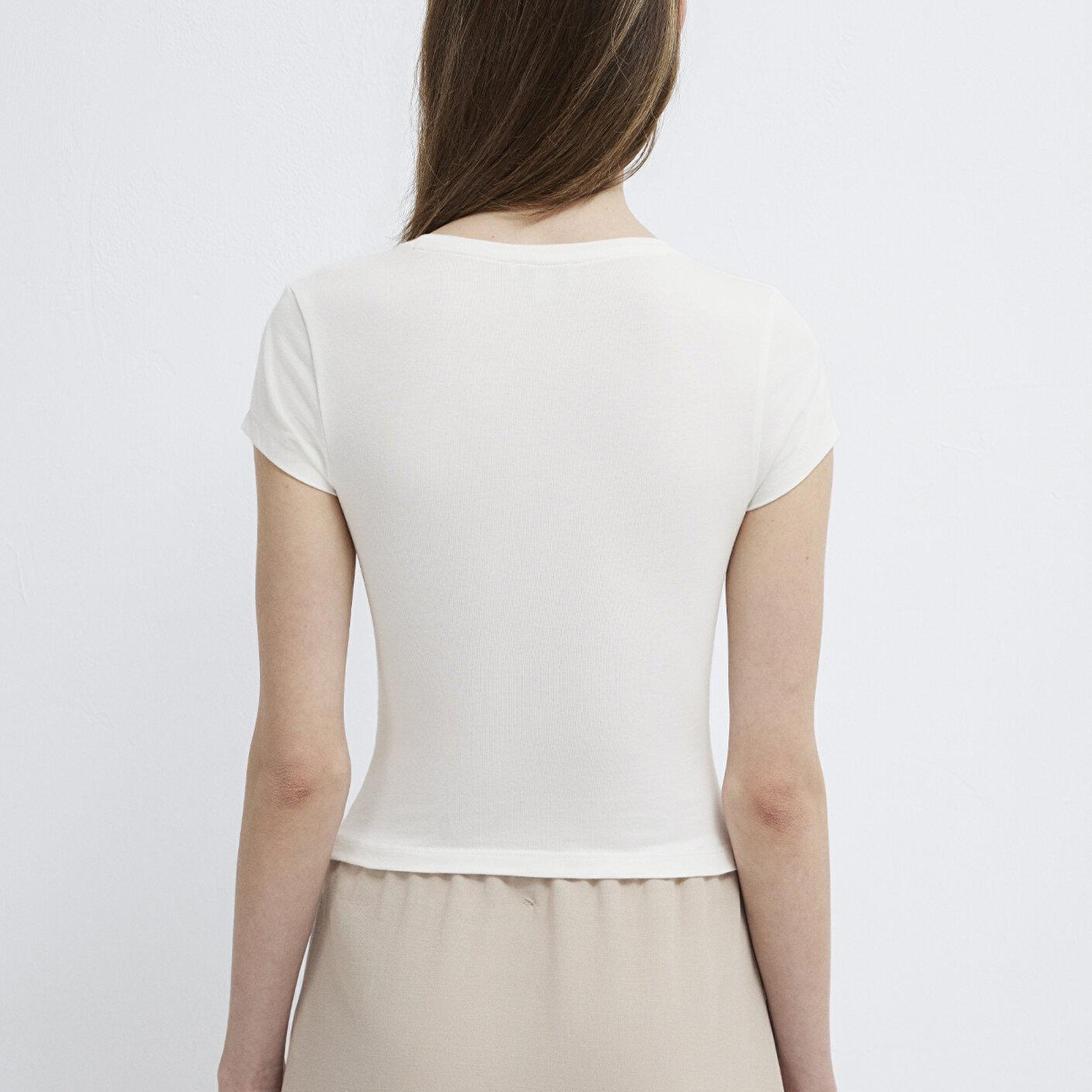 Mavi Ekru Basic Crop Tişört Fitted / Vücuda Oturan Kesim 1613942-70057