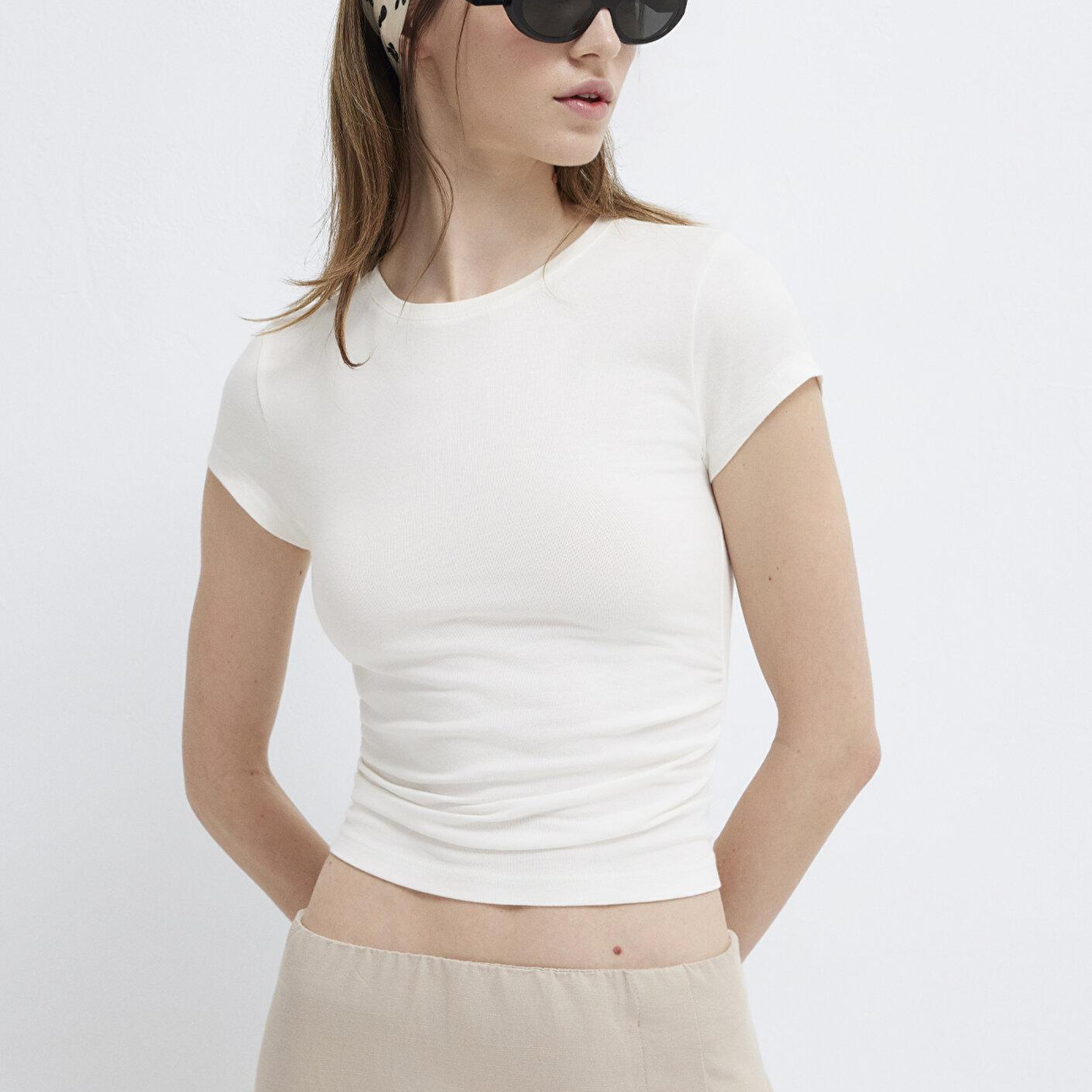 Mavi Ekru Basic Crop Tişört Fitted / Vücuda Oturan Kesim 1613942-70057