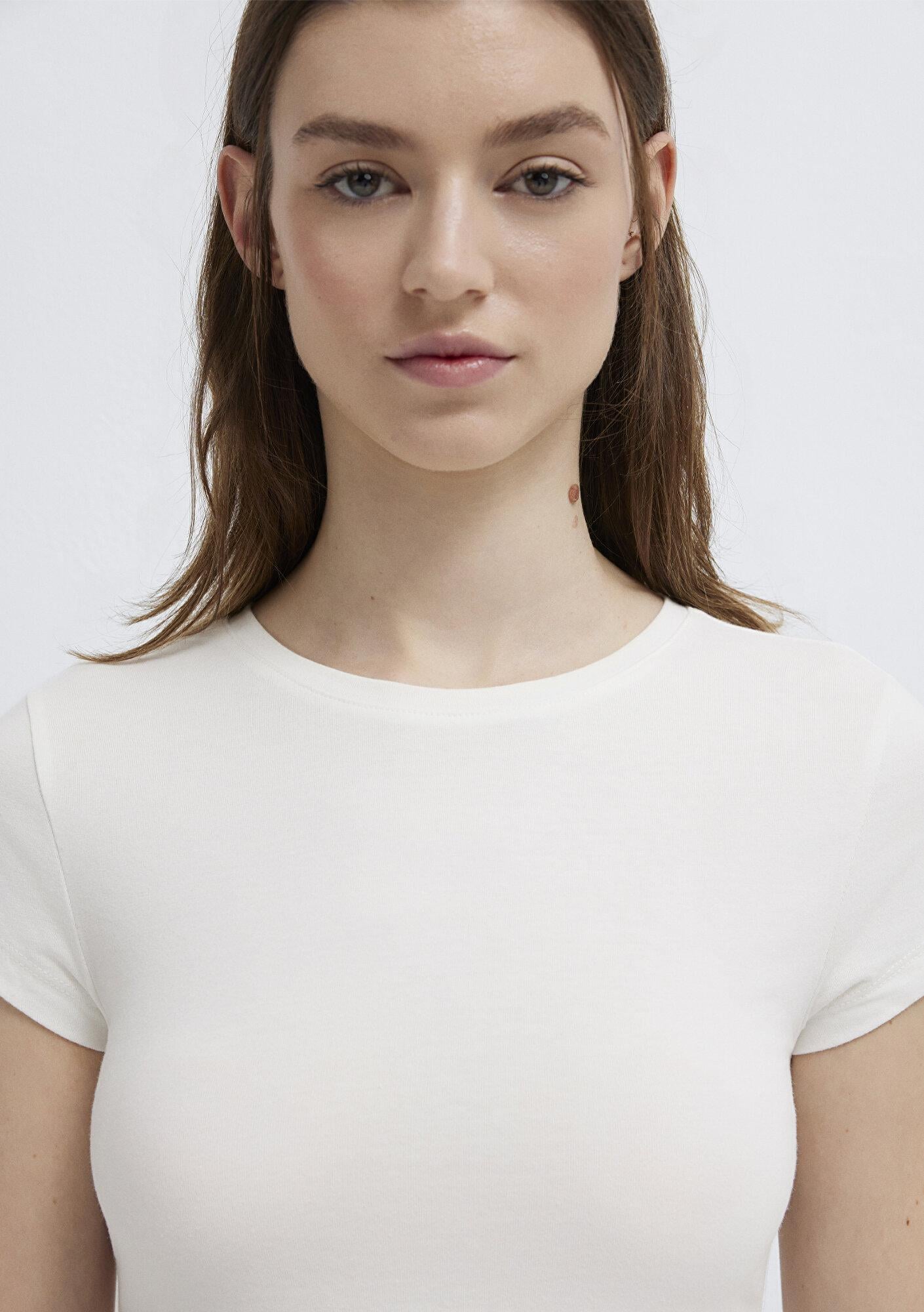 Mavi Ekru Basic Crop Tişört Fitted / Vücuda Oturan Kesim 1613942-70057