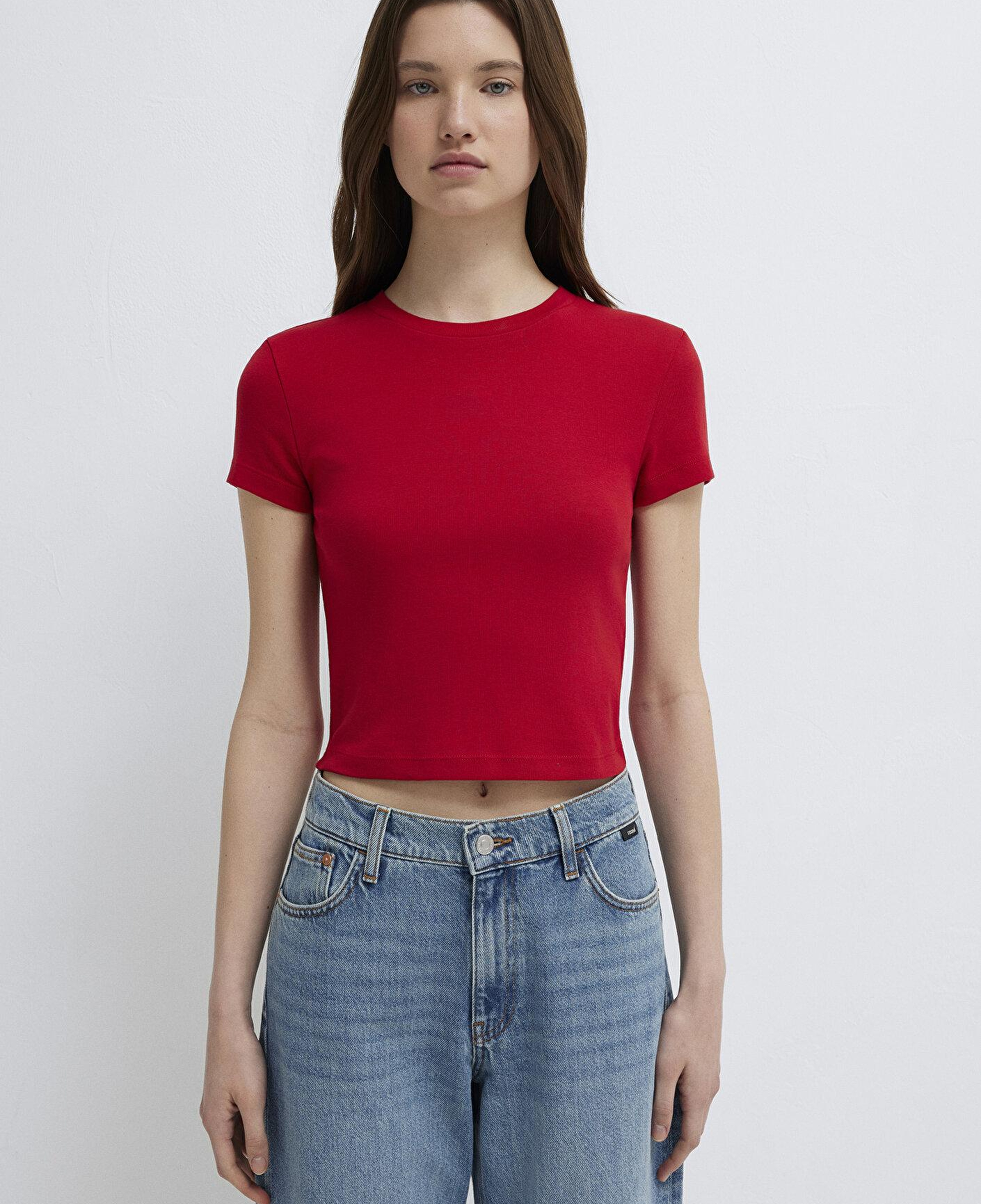 Mavi Kırmızı Basic Tişört Crop / Kısa Kesim 1600814-86417