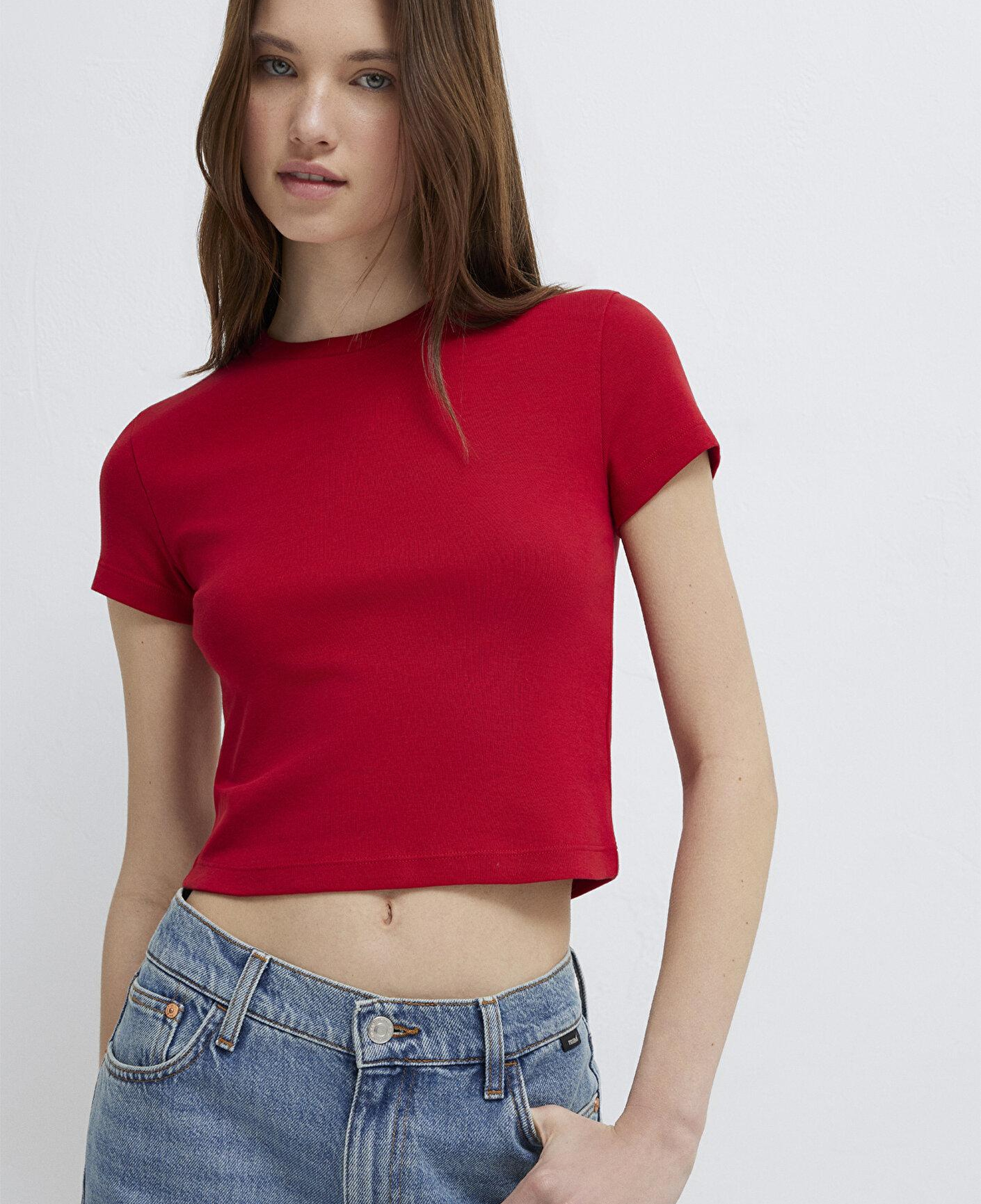 Mavi Kırmızı Basic Tişört Crop / Kısa Kesim 1600814-86417