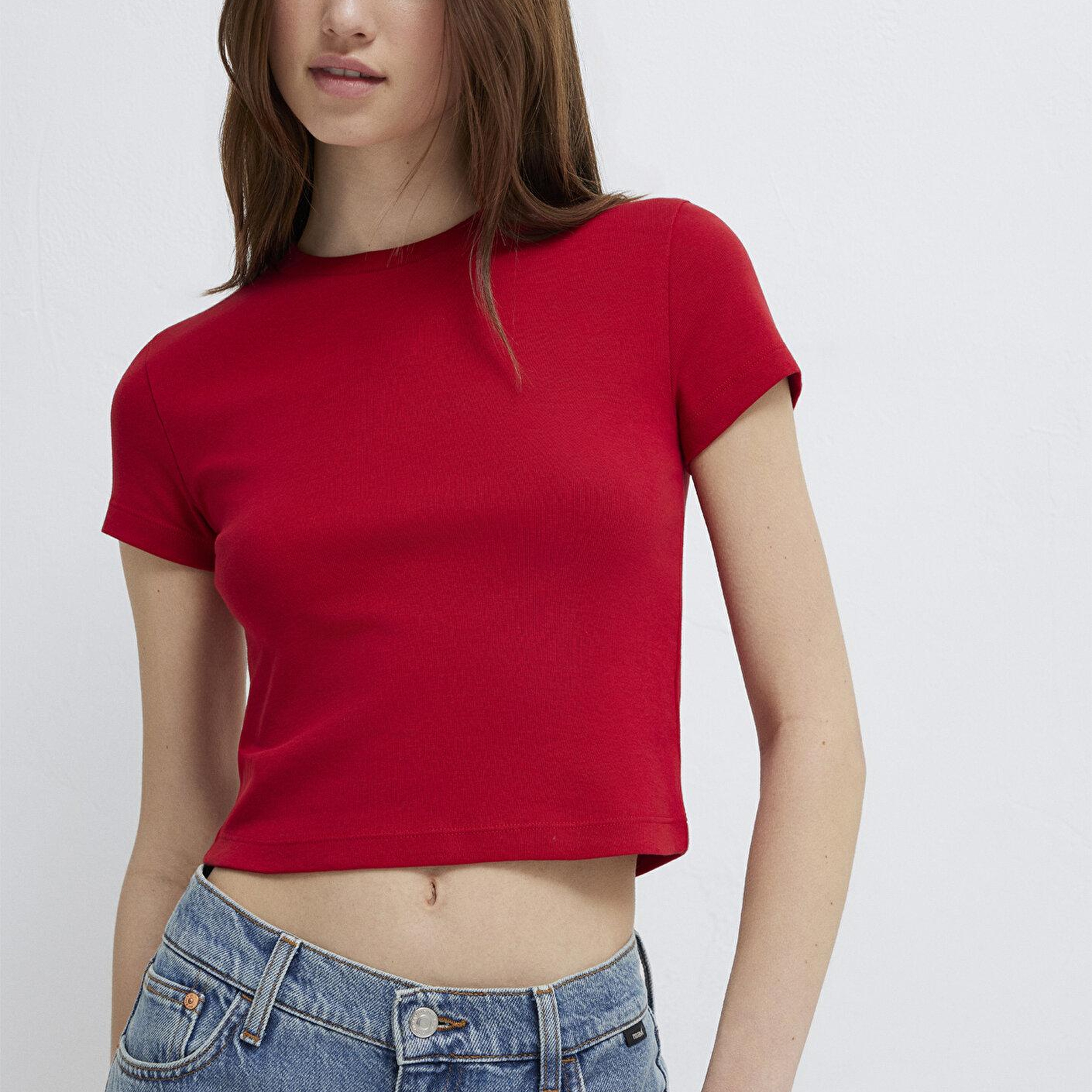 Mavi Kırmızı Basic Tişört Crop / Kısa Kesim 1600814-86417