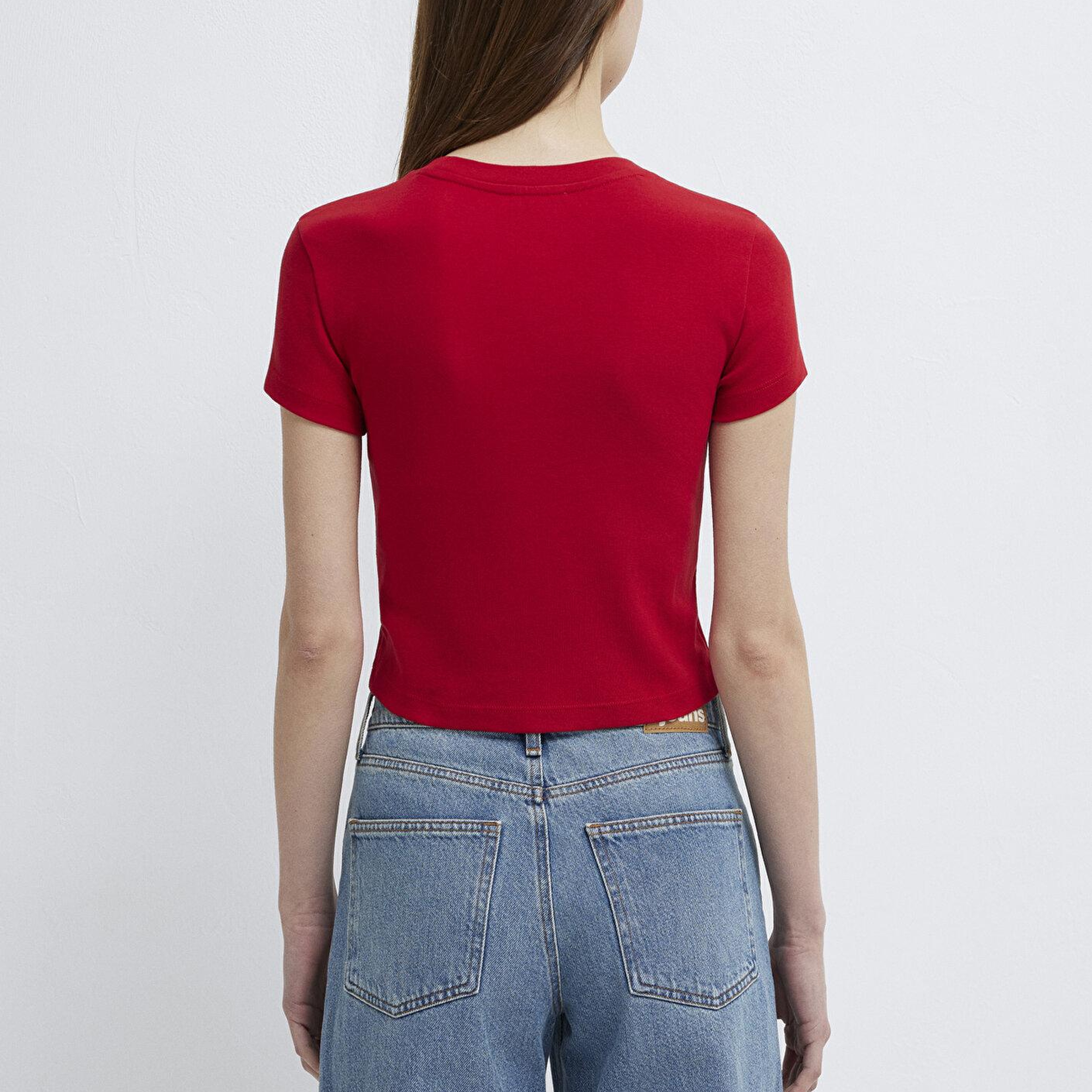 Mavi Kırmızı Basic Tişört Crop / Kısa Kesim 1600814-86417