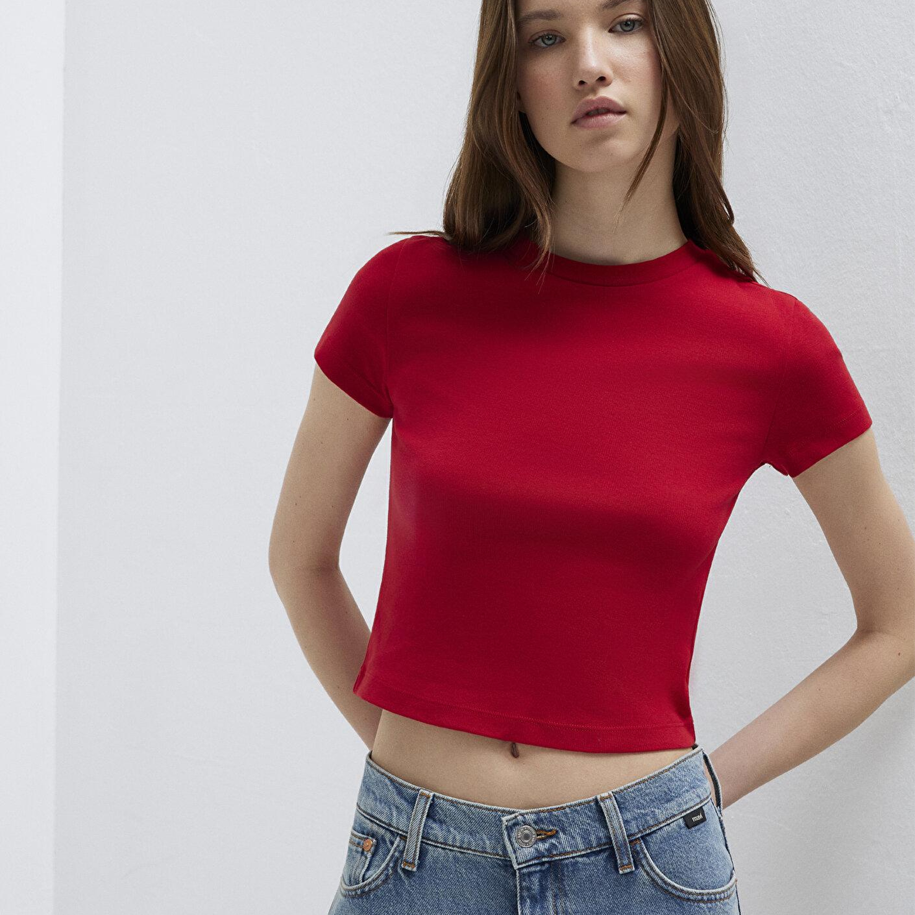 Mavi Kırmızı Basic Tişört Crop / Kısa Kesim 1600814-86417