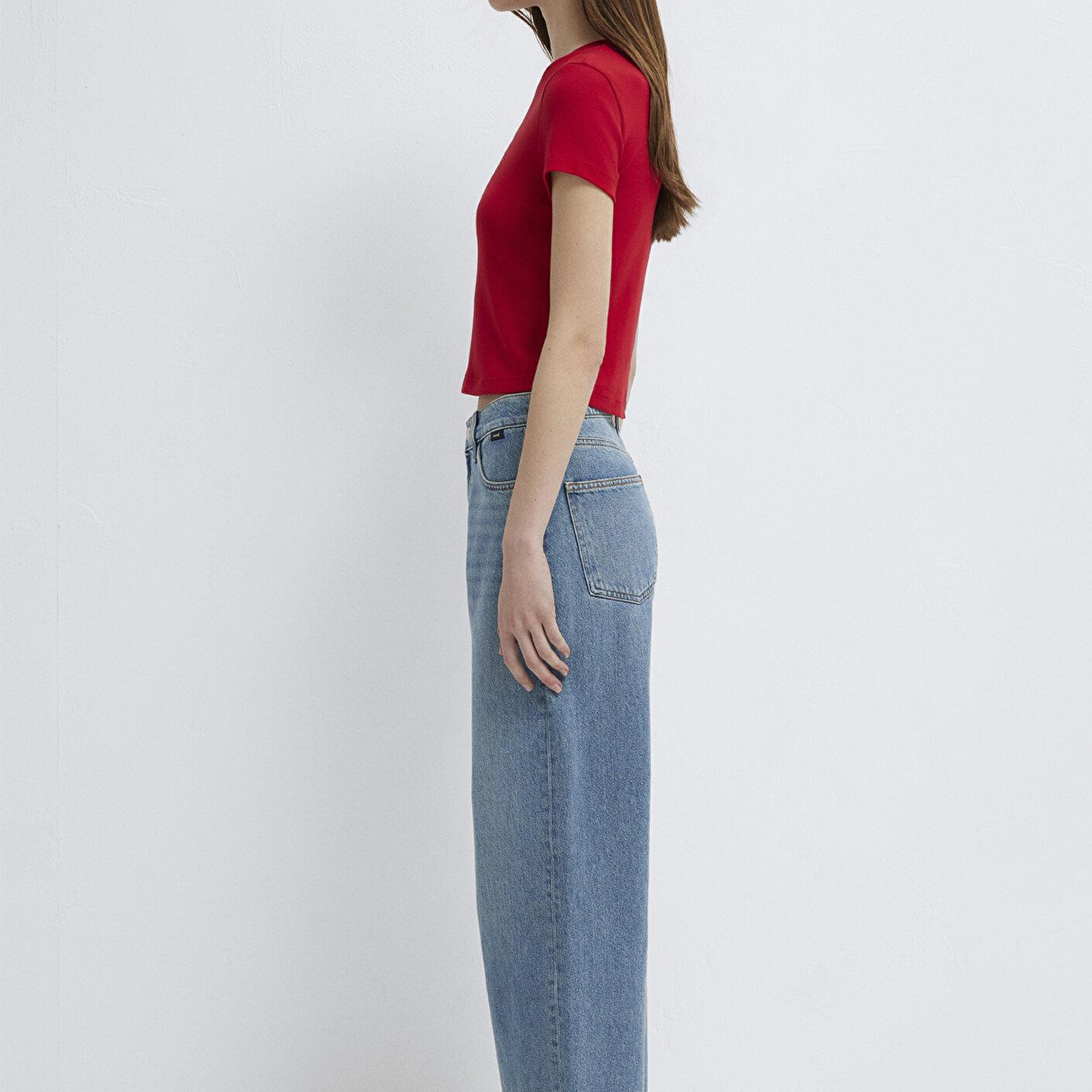 Mavi Kırmızı Basic Tişört Crop / Kısa Kesim 1600814-86417