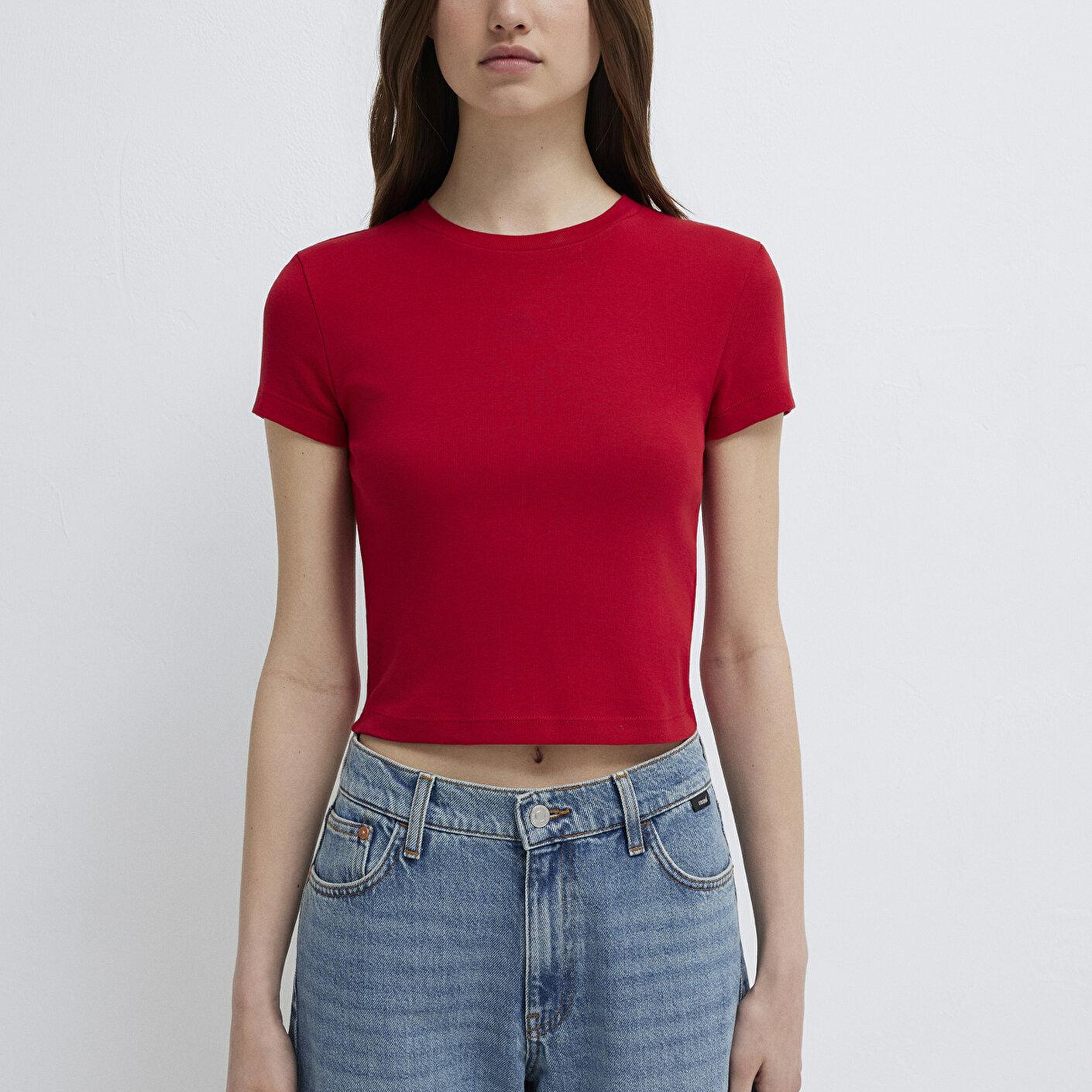 Mavi Kırmızı Basic Tişört Crop / Kısa Kesim 1600814-86417