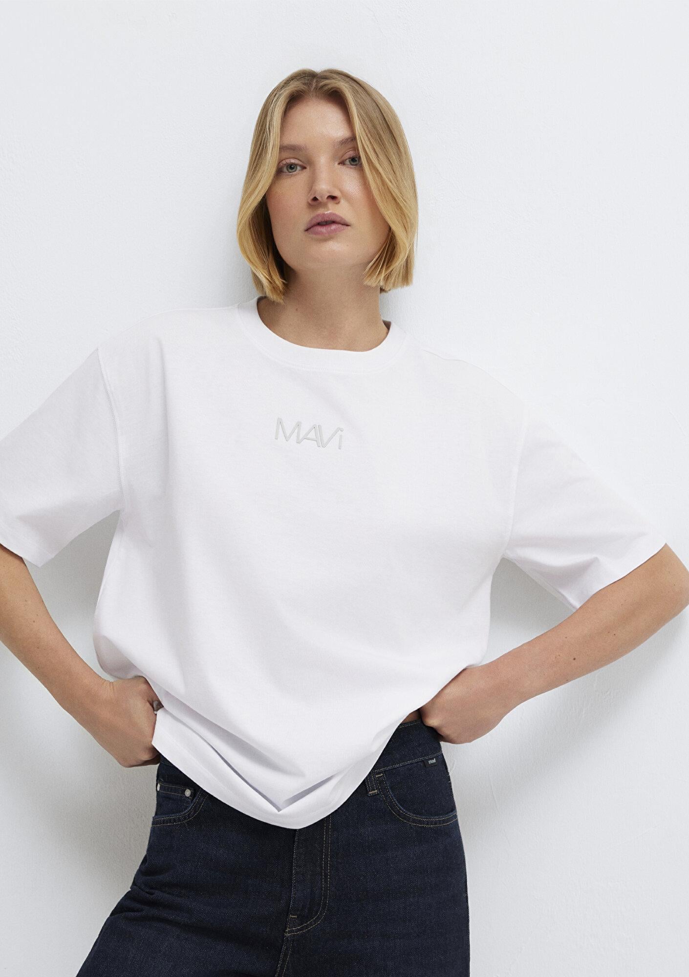 Mavi Mavi Logo Baskılı Beyaz Tişört Loose Fit / Bol Rahat Kesim 1613884-620
