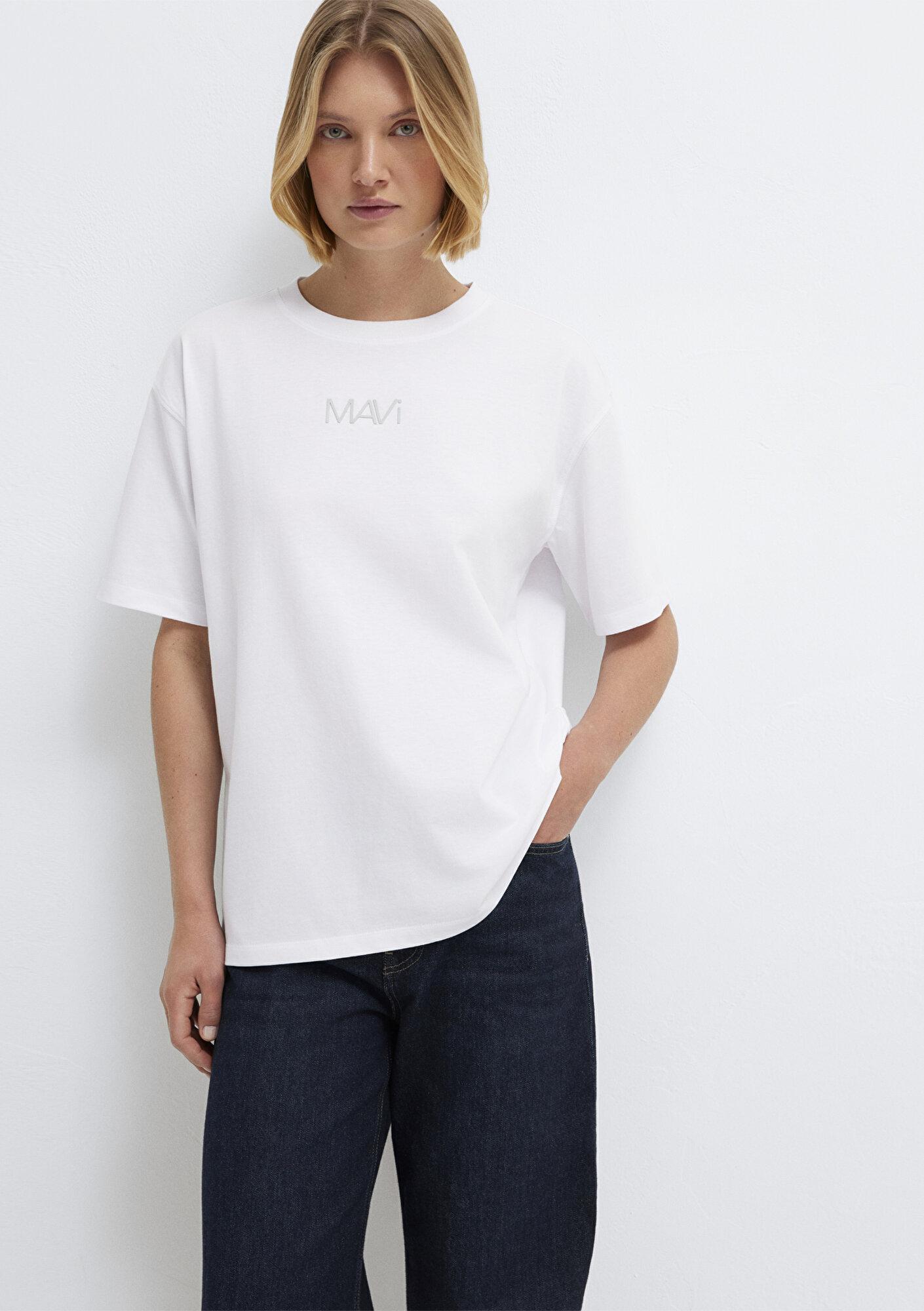 Mavi Mavi Logo Baskılı Beyaz Tişört Loose Fit / Bol Rahat Kesim 1613884-620