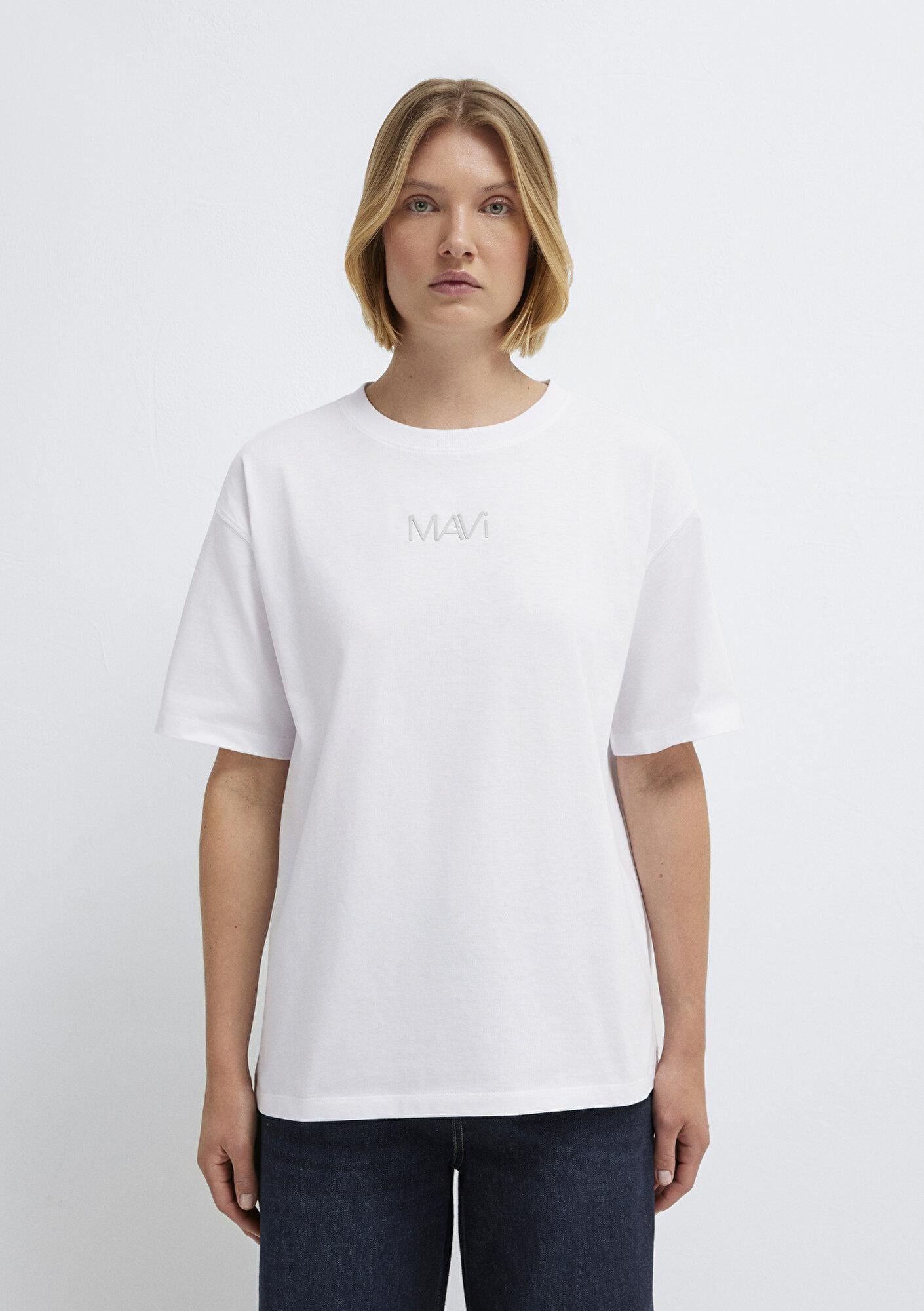 Mavi Mavi Logo Baskılı Beyaz Tişört Loose Fit / Bol Rahat Kesim 1613884-620