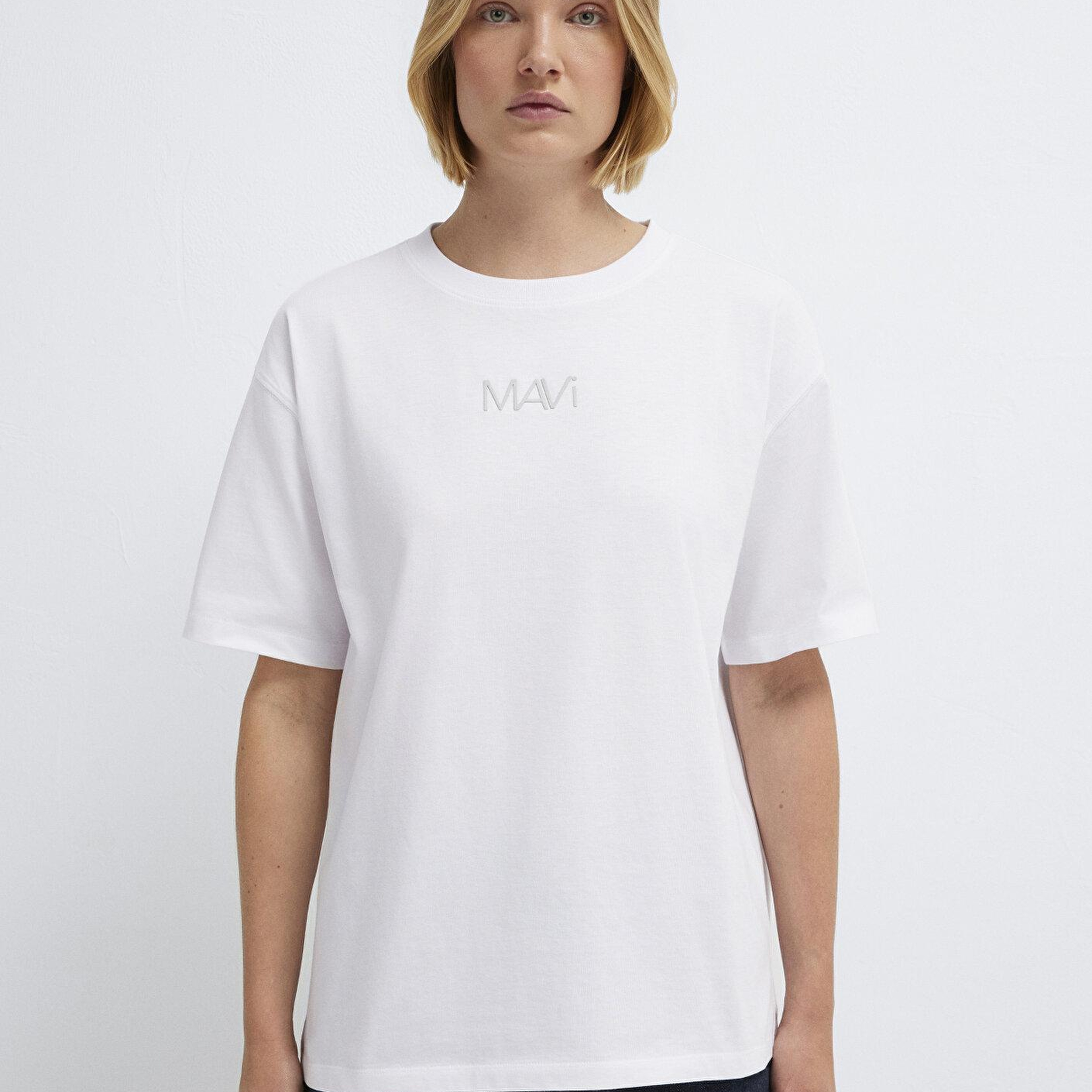 Mavi Mavi Logo Baskılı Beyaz Tişört Loose Fit / Bol Rahat Kesim 1613884-620