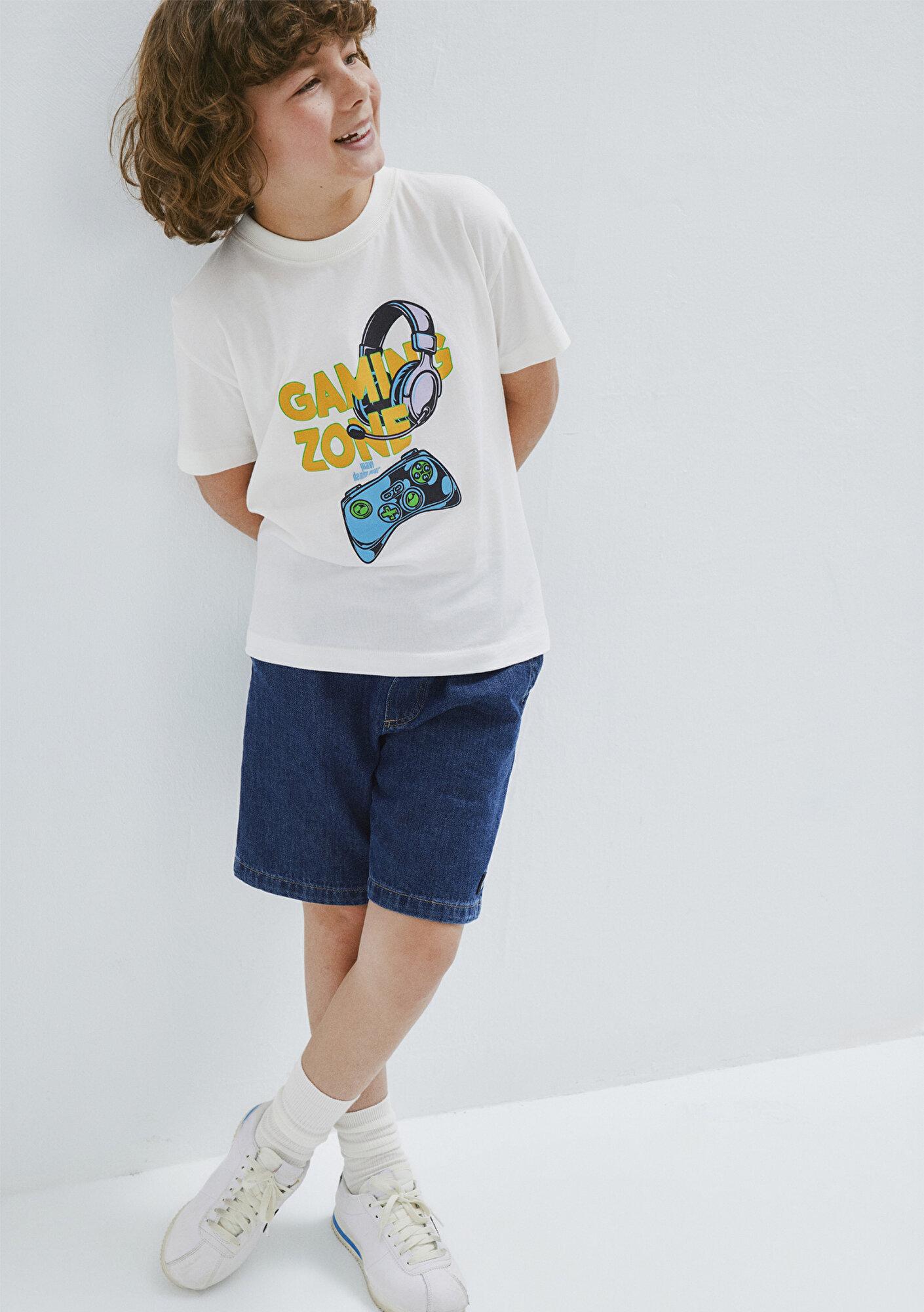 Mavi Game Zone Baskılı Ekru Tişört Loose Fit / Bol Rahat Kesim 6610483-70057