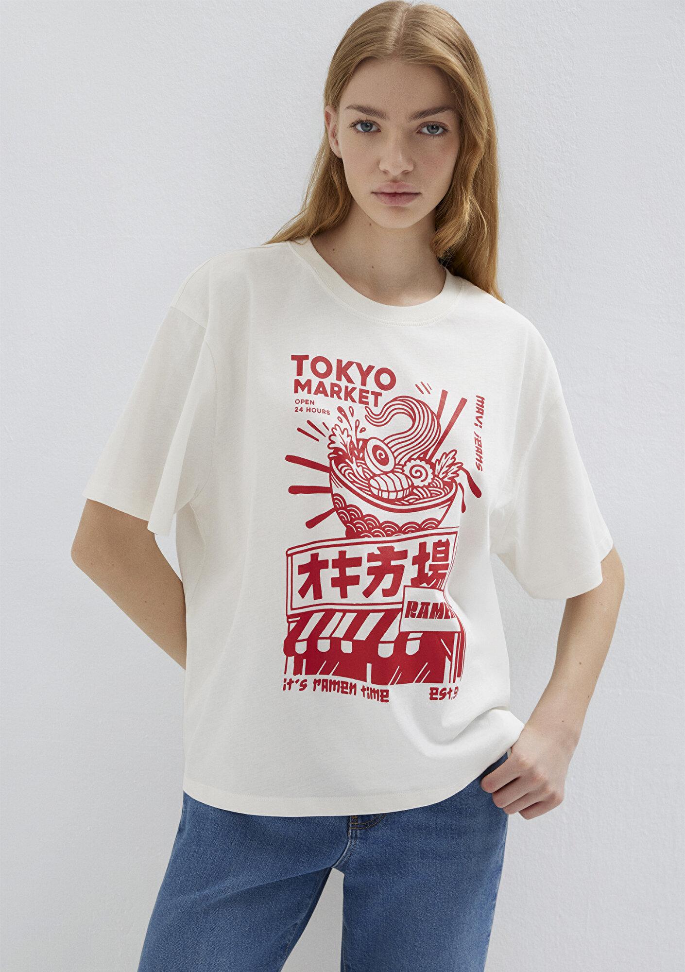 Mavi Tokyo Baskılı Ekru Tişört Loose Fit / Bol Rahat Kesim 1614004-25705