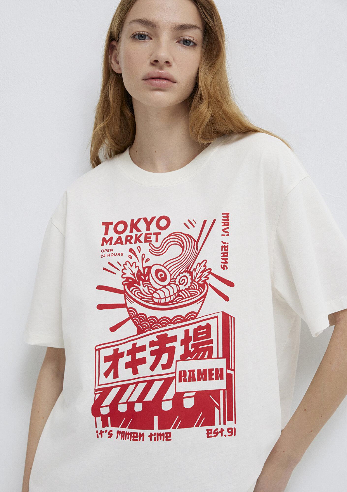 Mavi Tokyo Baskılı Ekru Tişört Loose Fit / Bol Rahat Kesim 1614004-25705
