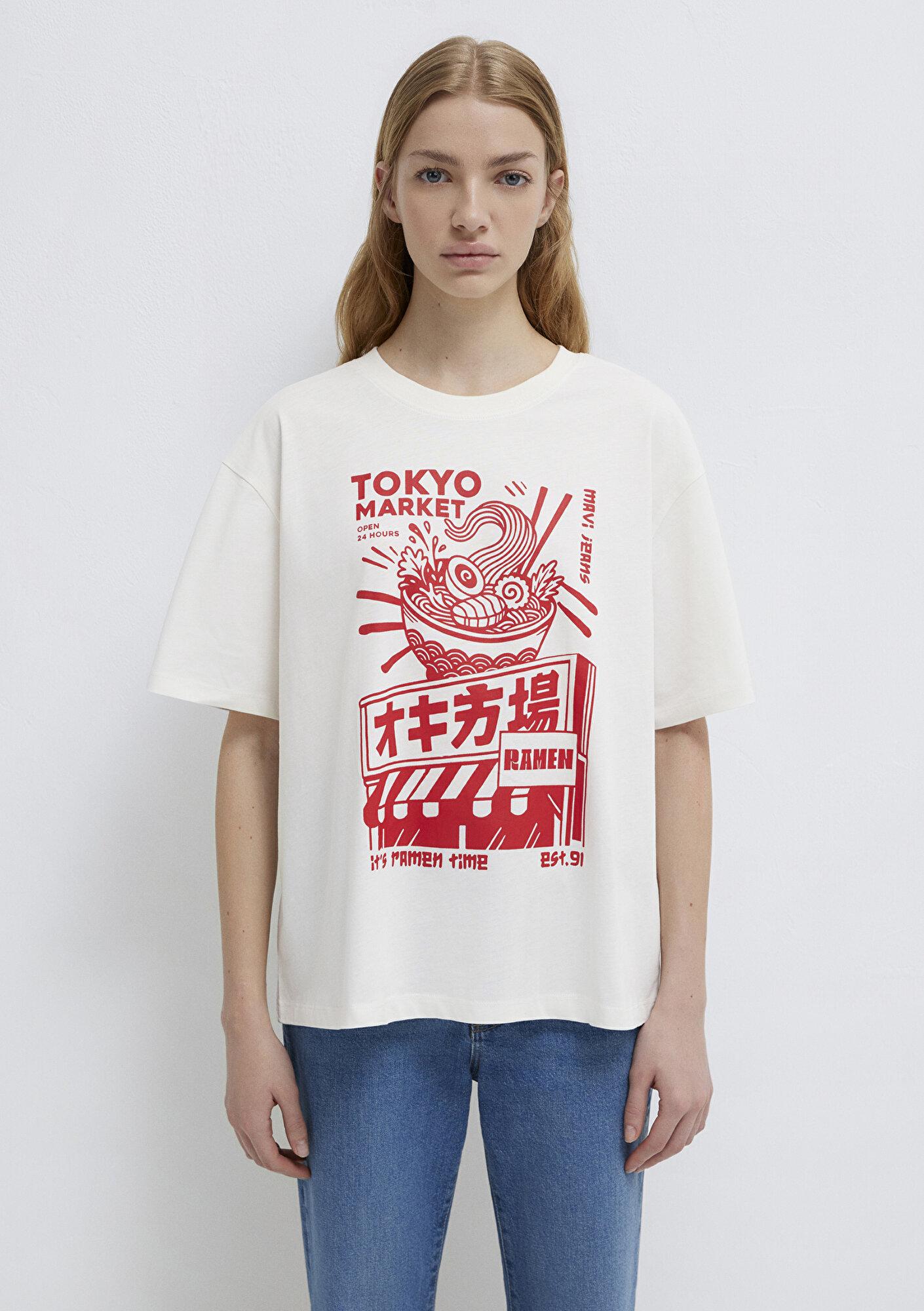 Mavi Tokyo Baskılı Ekru Tişört Loose Fit / Bol Rahat Kesim 1614004-25705