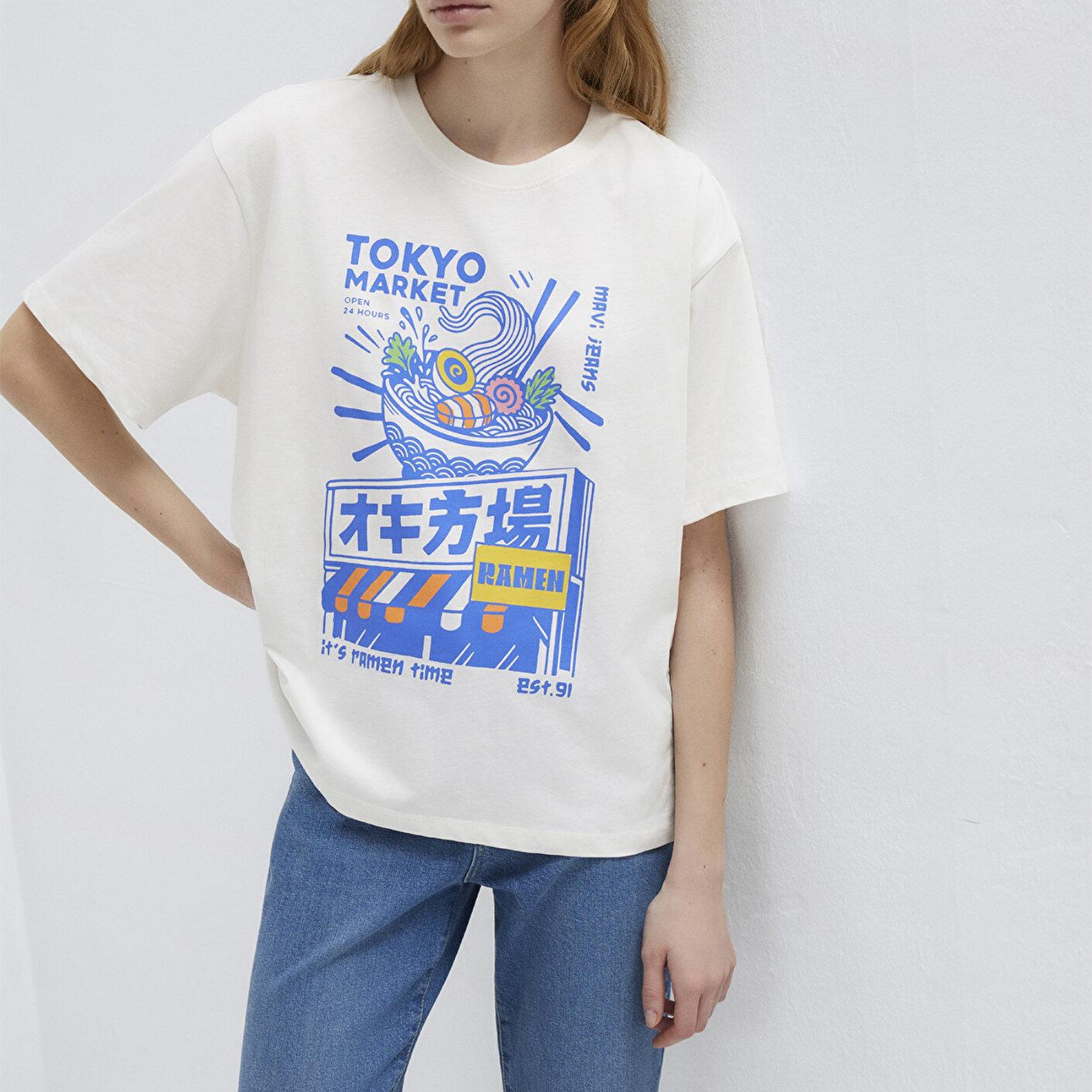 Mavi Tokyo Baskılı Ekru Tişört Loose Fit / Bol Rahat Kesim 1614004-70057
