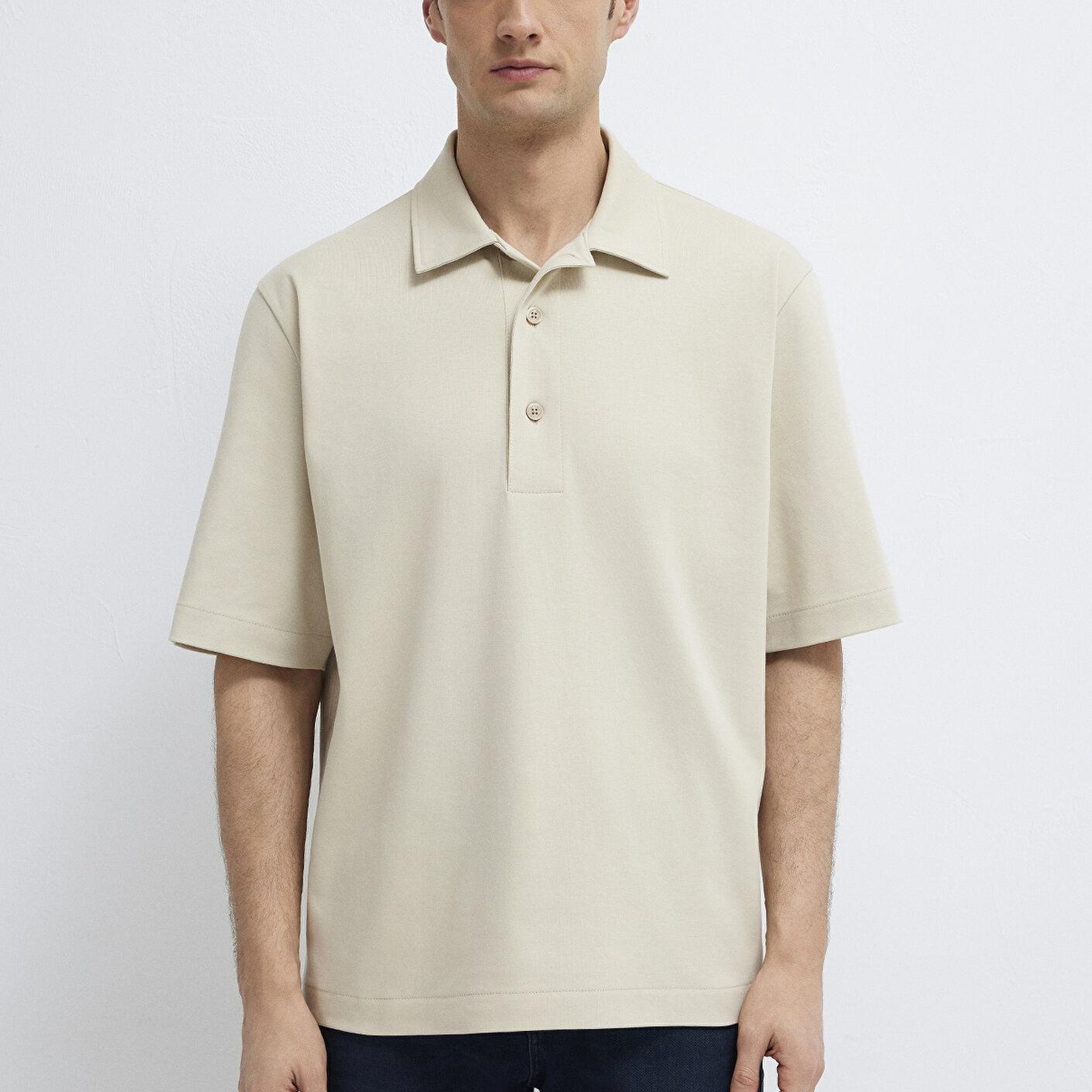 Mavi Bej Polo Tişört Loose Fit / Bol Rahat Kesim 0613344-70144