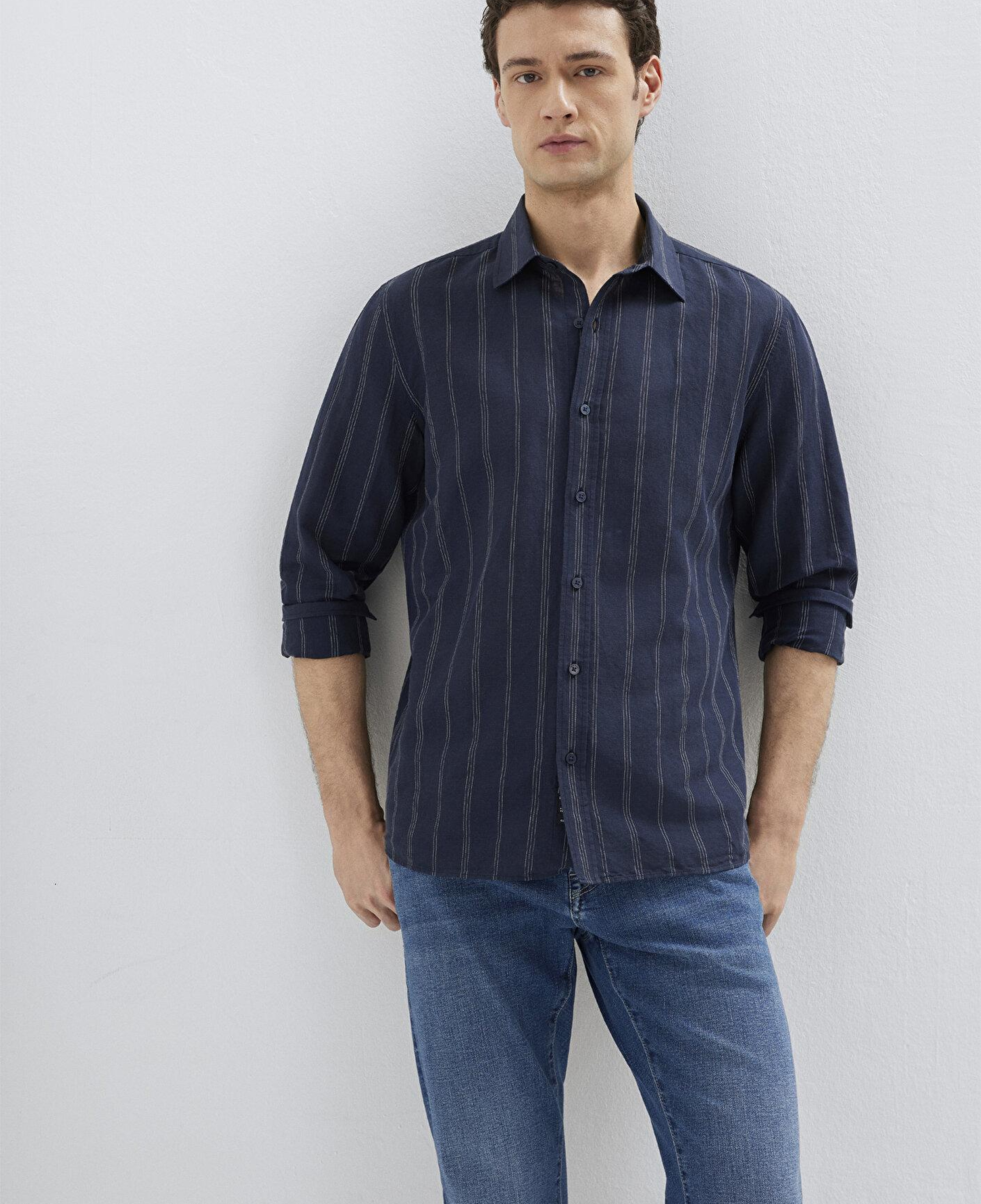 Mavi Keten Karışımlı Çizgili Lacivert Gömlek Regular Fit / Normal Kesim 0211979-91592