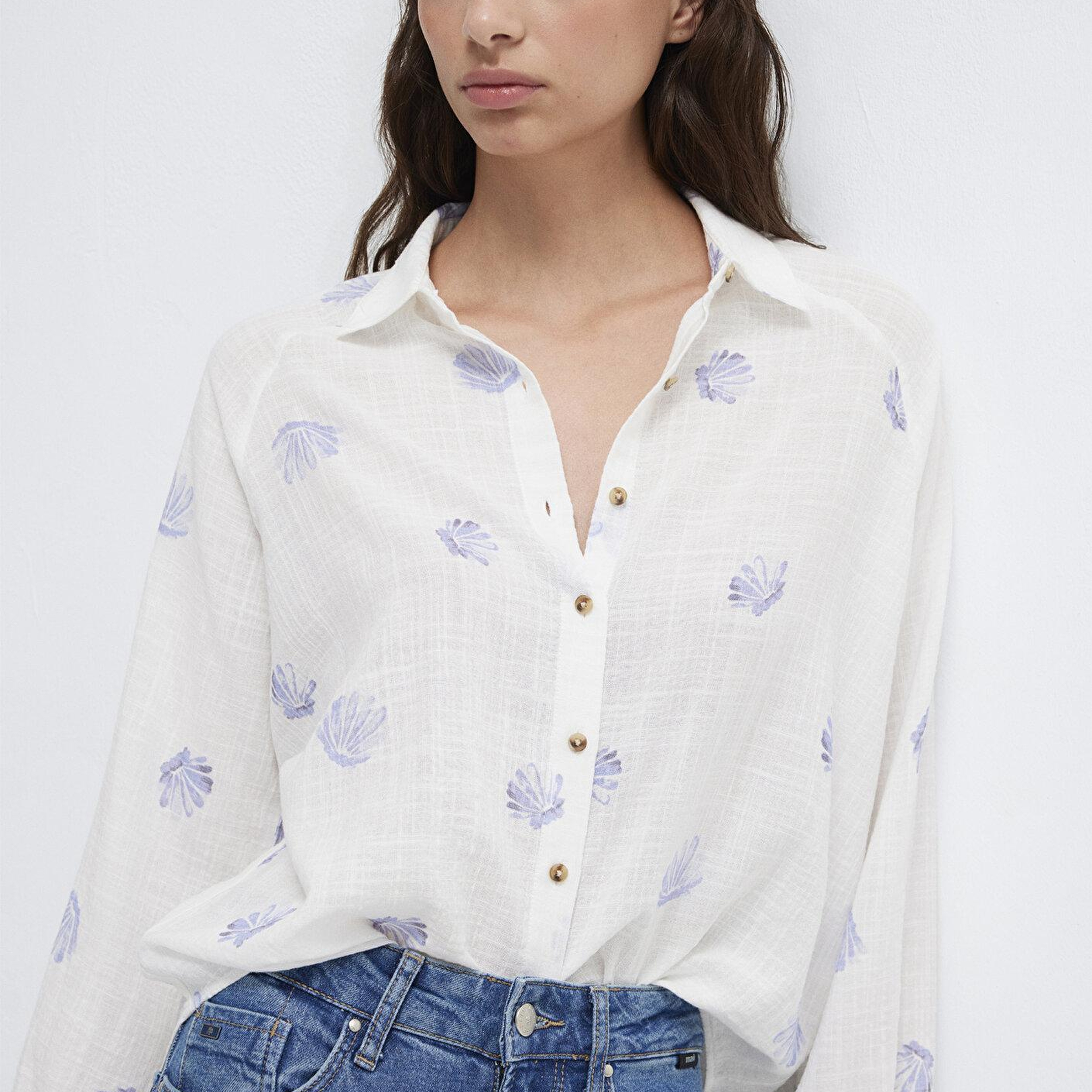 Mavi Deniz Kabuğu Baskılı Ekru Gömlek Loose Fit / Bol Rahat Kesim 122514-91497