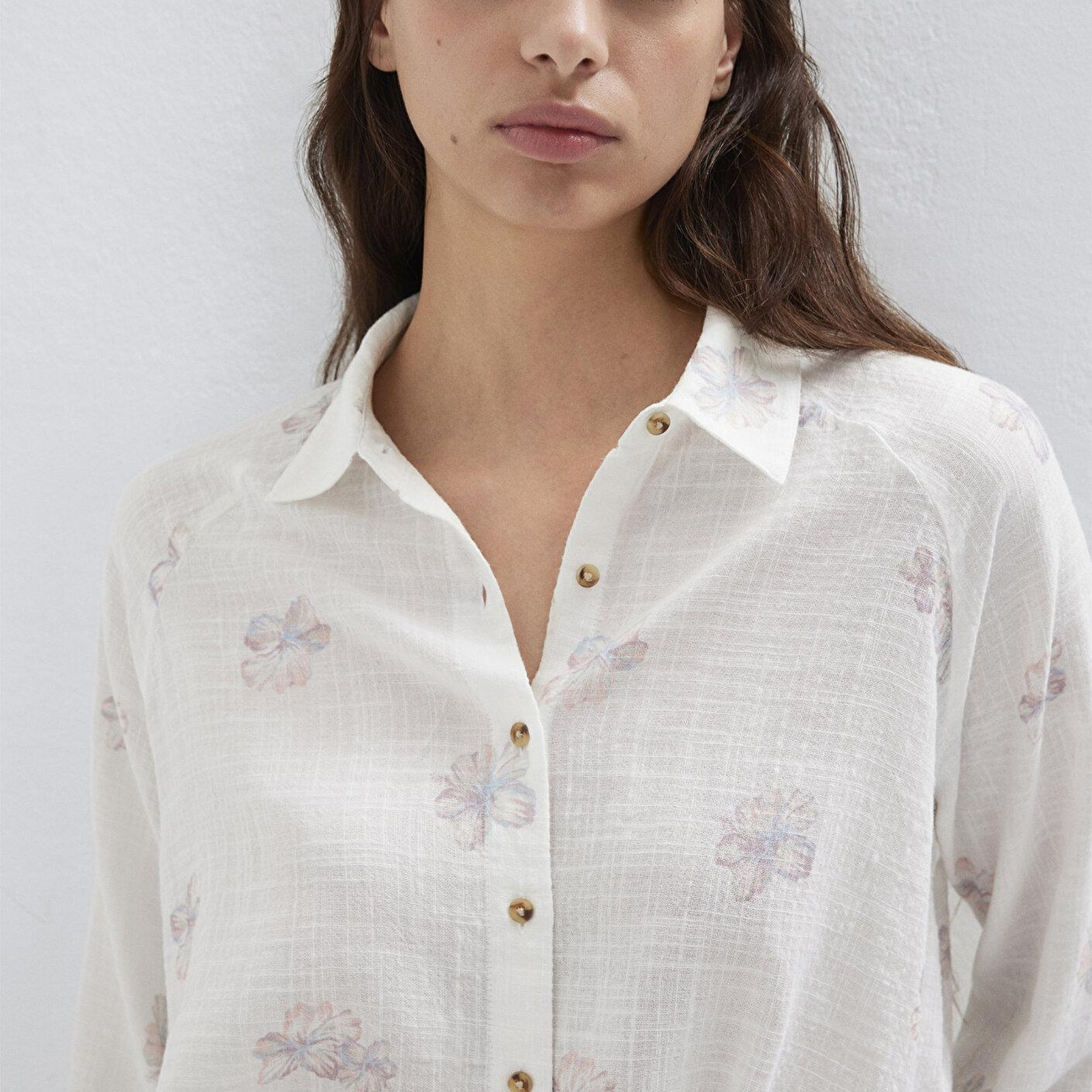 Mavi Çiçek Baskılı Ekru Gömlek Loose Fit / Bol Rahat Kesim 122514-91496