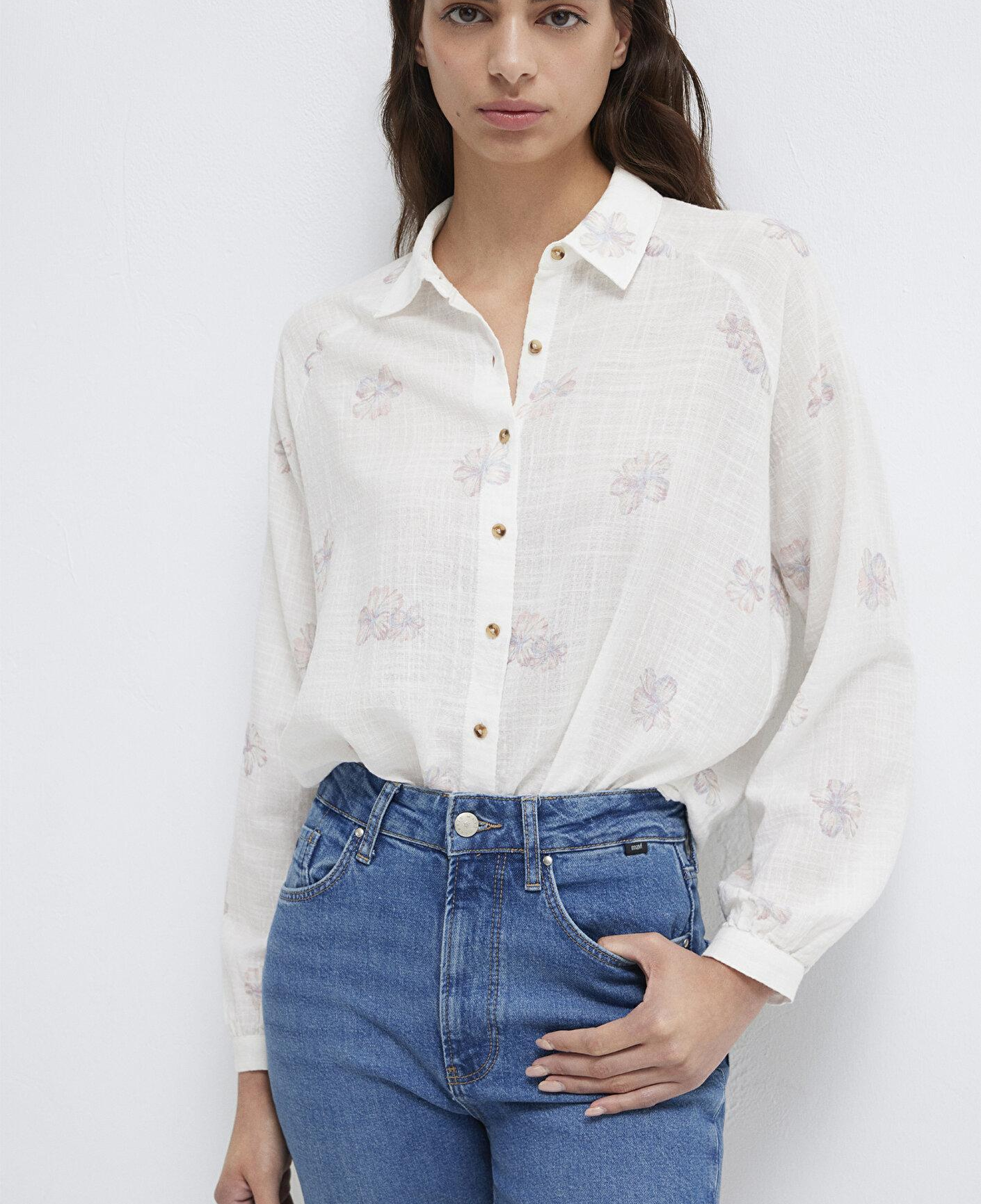 Mavi Çiçek Baskılı Ekru Gömlek Loose Fit / Bol Rahat Kesim 122514-91496