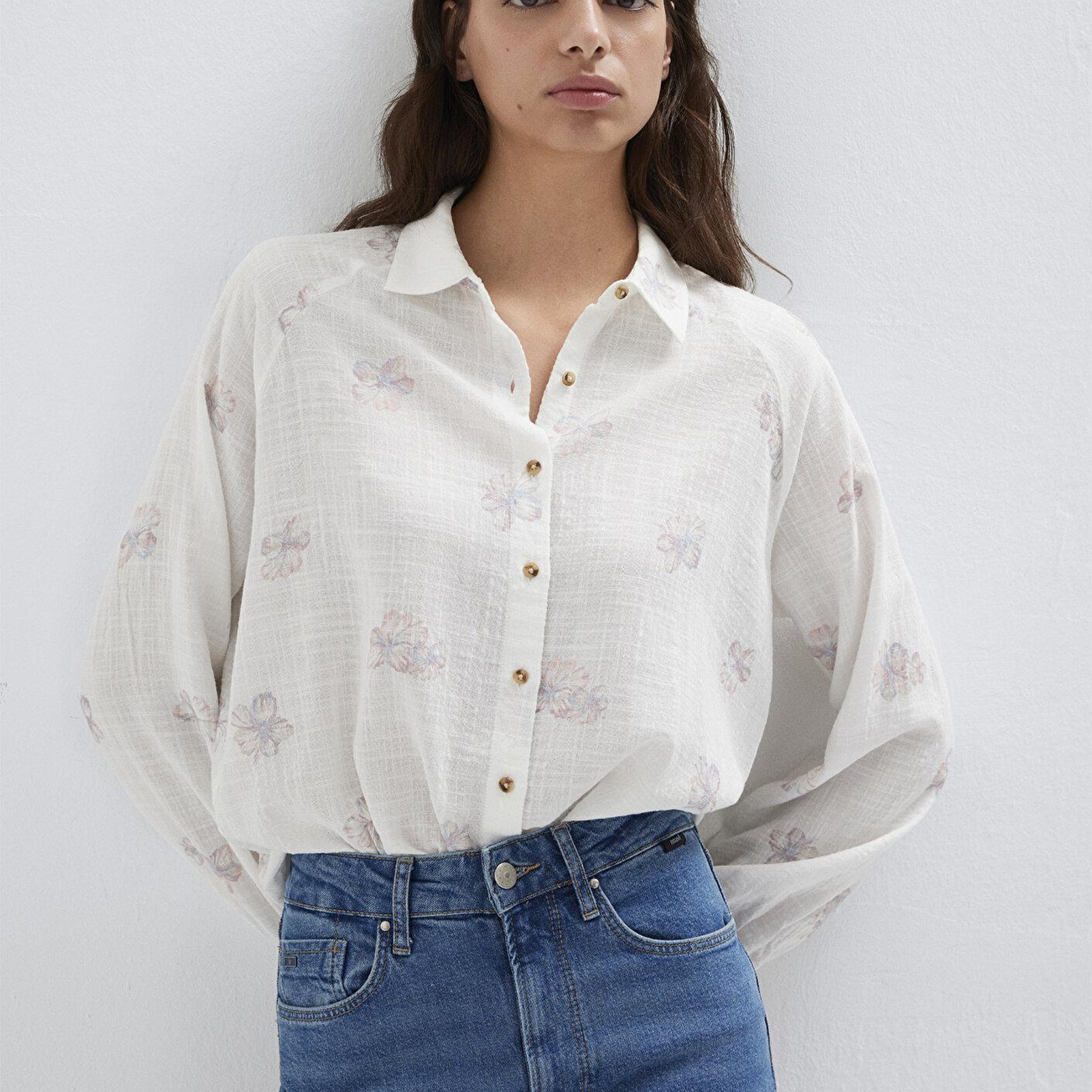 Mavi Çiçek Baskılı Ekru Gömlek Loose Fit / Bol Rahat Kesim 122514-91496