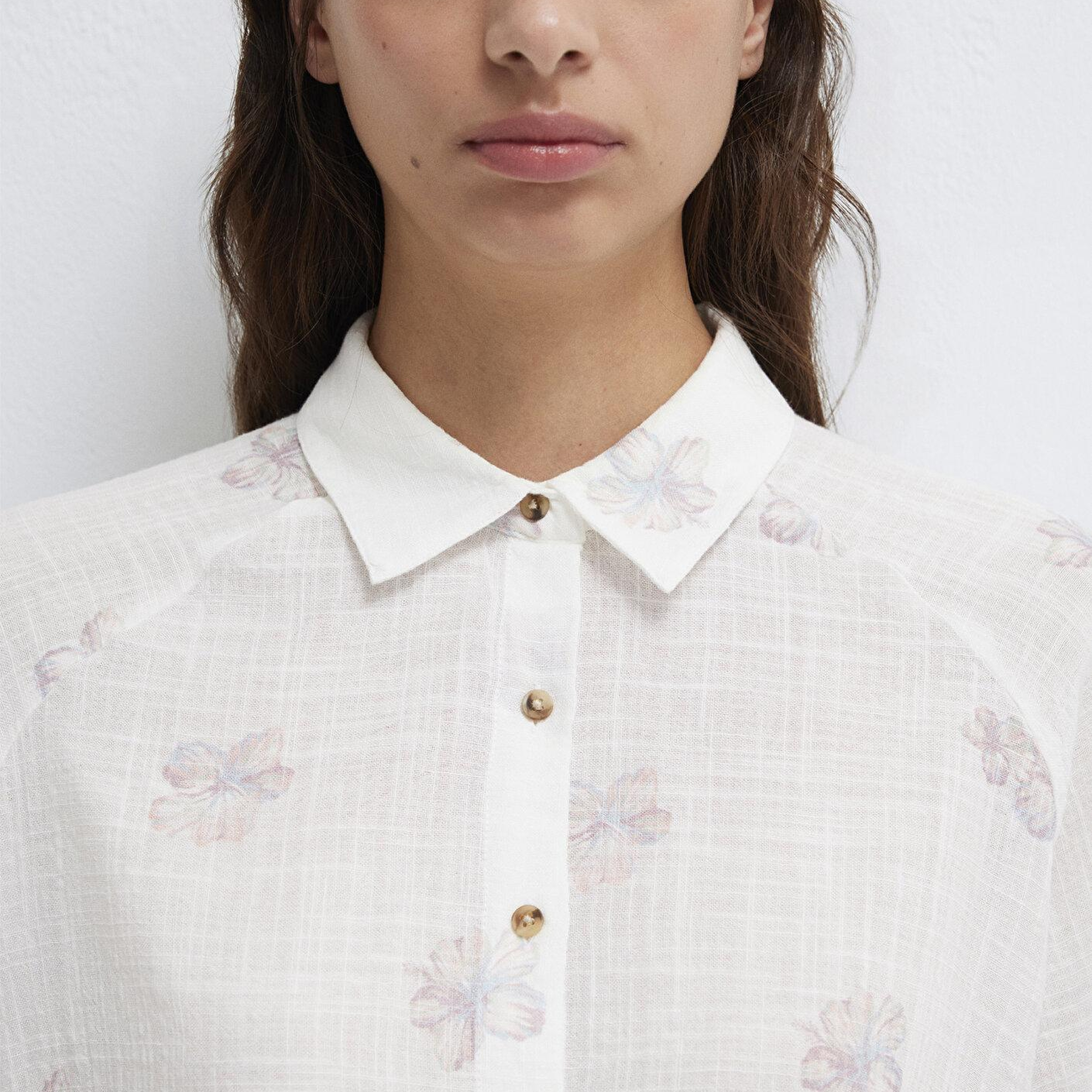 Mavi Çiçek Baskılı Ekru Gömlek Loose Fit / Bol Rahat Kesim 122514-91496