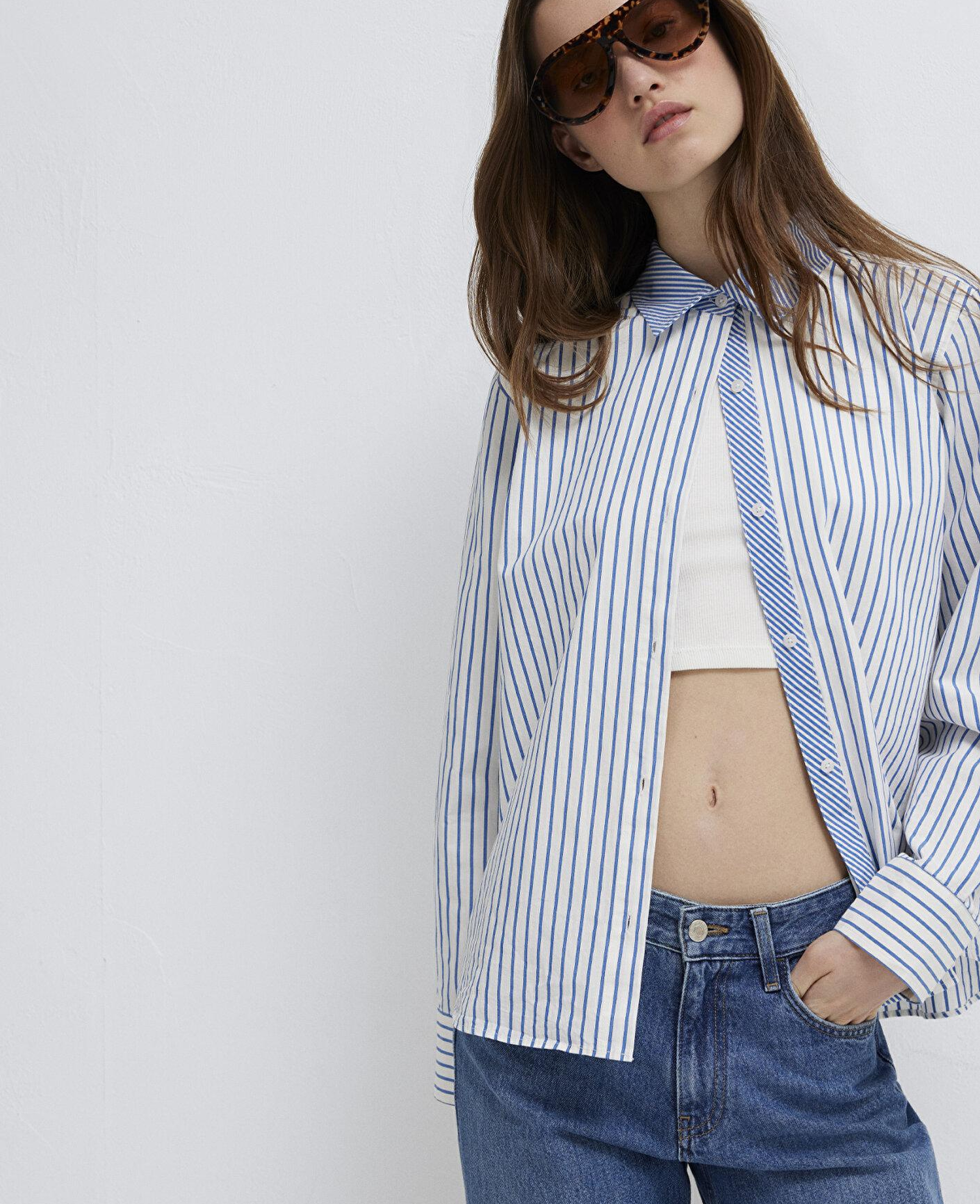 Mavi Çizgili Mavi Gömlek Loose Fit / Bol Rahat Kesim 1211454-84005