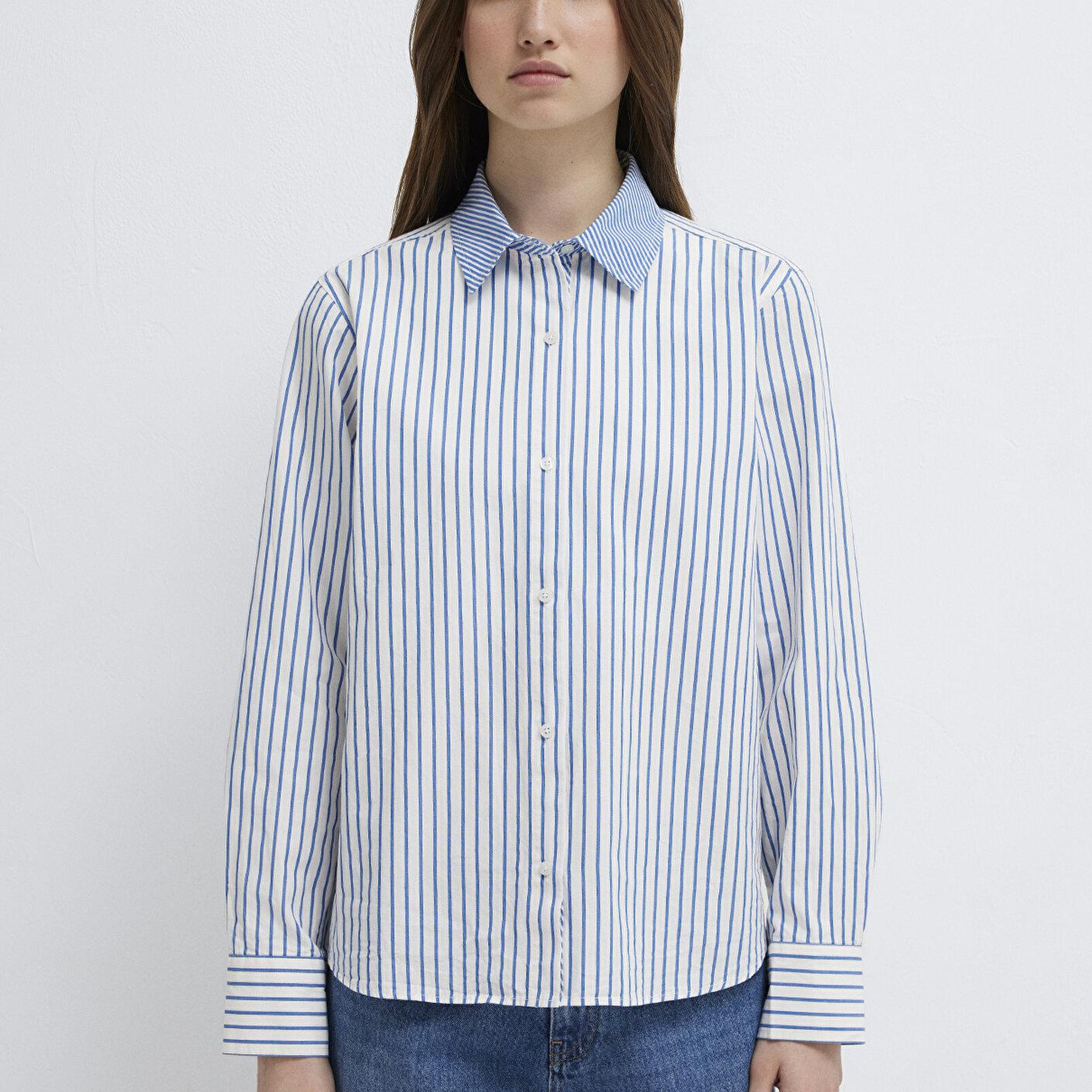 Mavi Çizgili Mavi Gömlek Loose Fit / Bol Rahat Kesim 1211454-84005