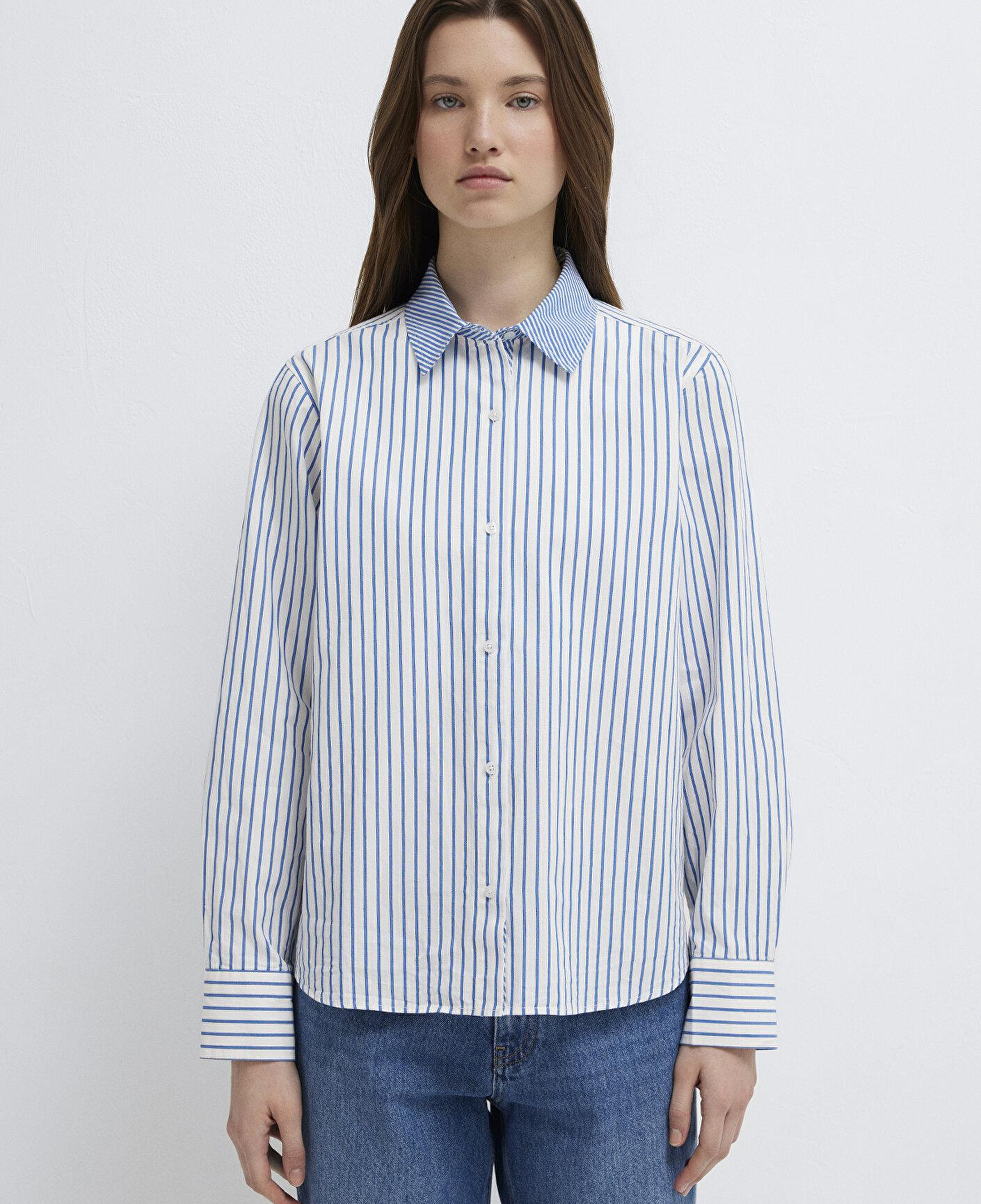Mavi Çizgili Mavi Gömlek Loose Fit / Bol Rahat Kesim 1211454-84005