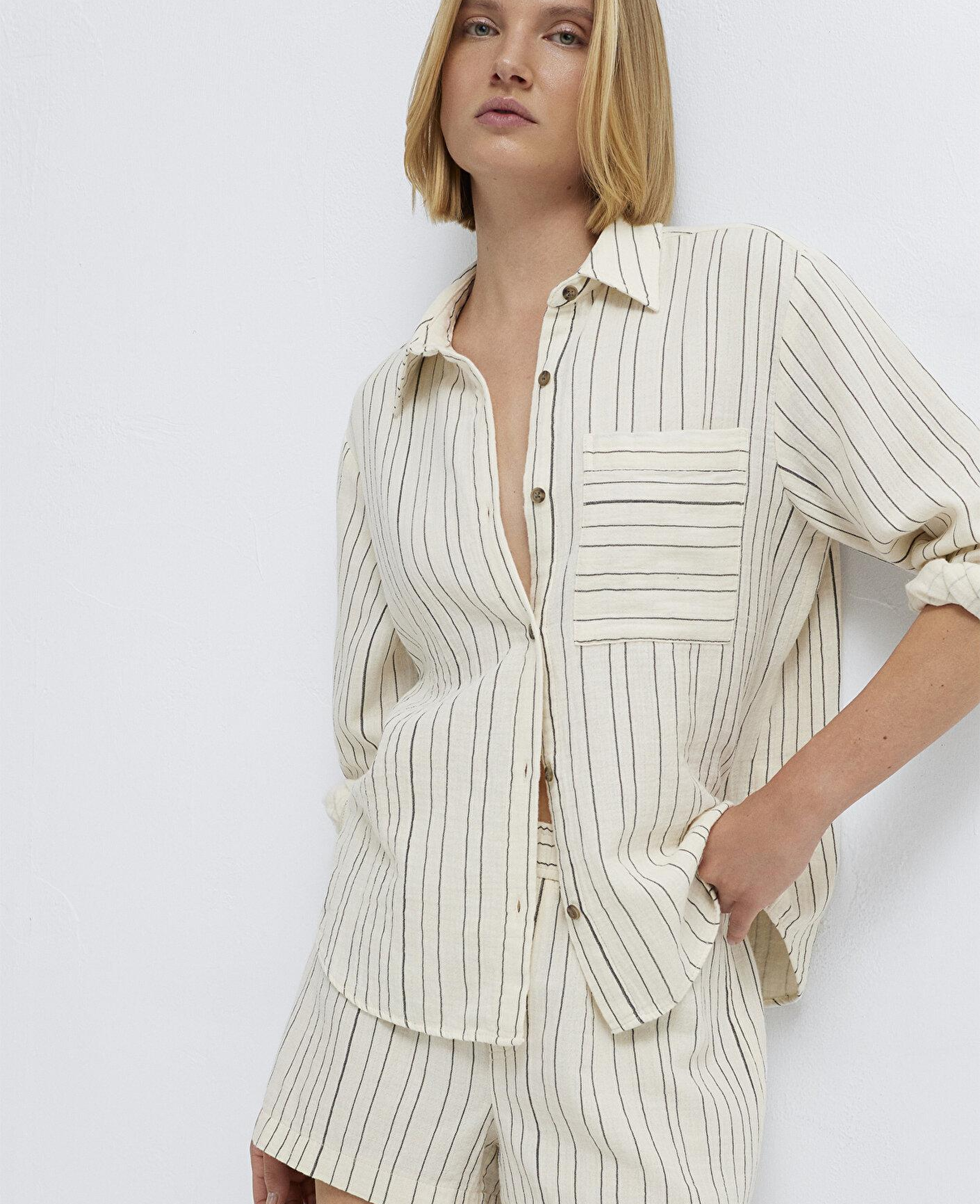 Mavi Çizgili Ekru Gömlek Loose Fit / Bol Rahat Kesim 1211468-84004