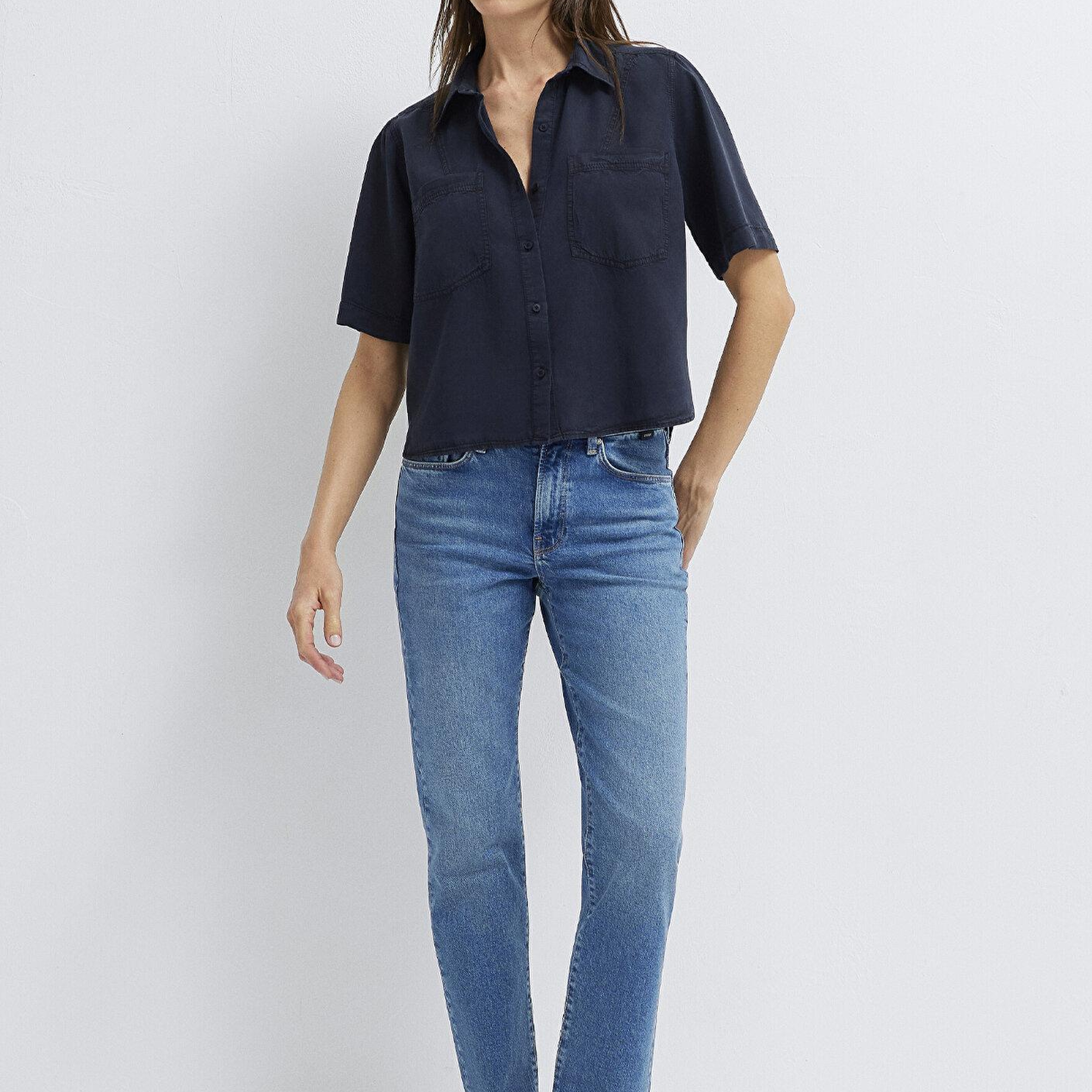 Mavi Lacivert Crop Gömlek Loose Fit / Bol Rahat Kesim 1211458-91598