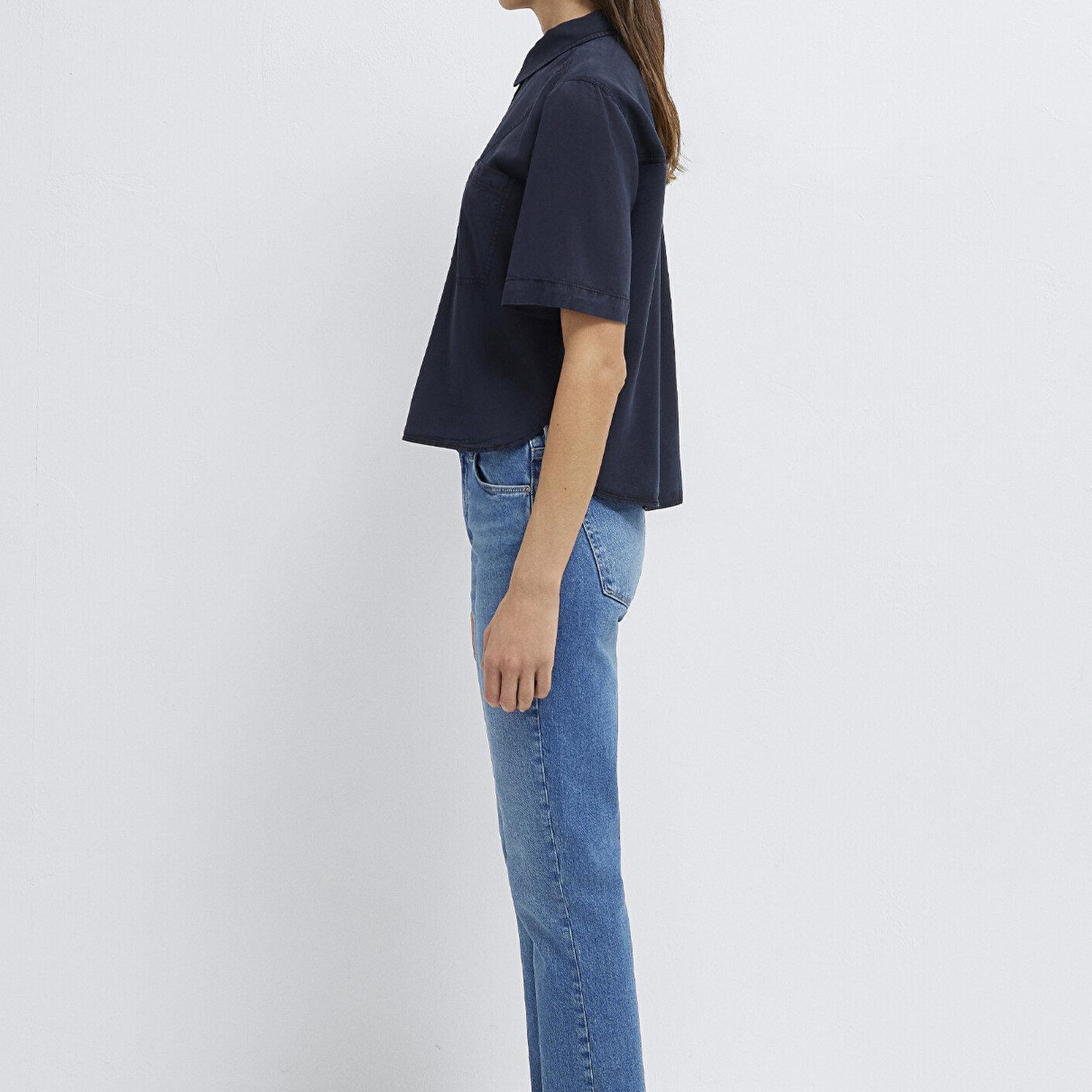 Mavi Lacivert Crop Gömlek Loose Fit / Bol Rahat Kesim 1211458-91598