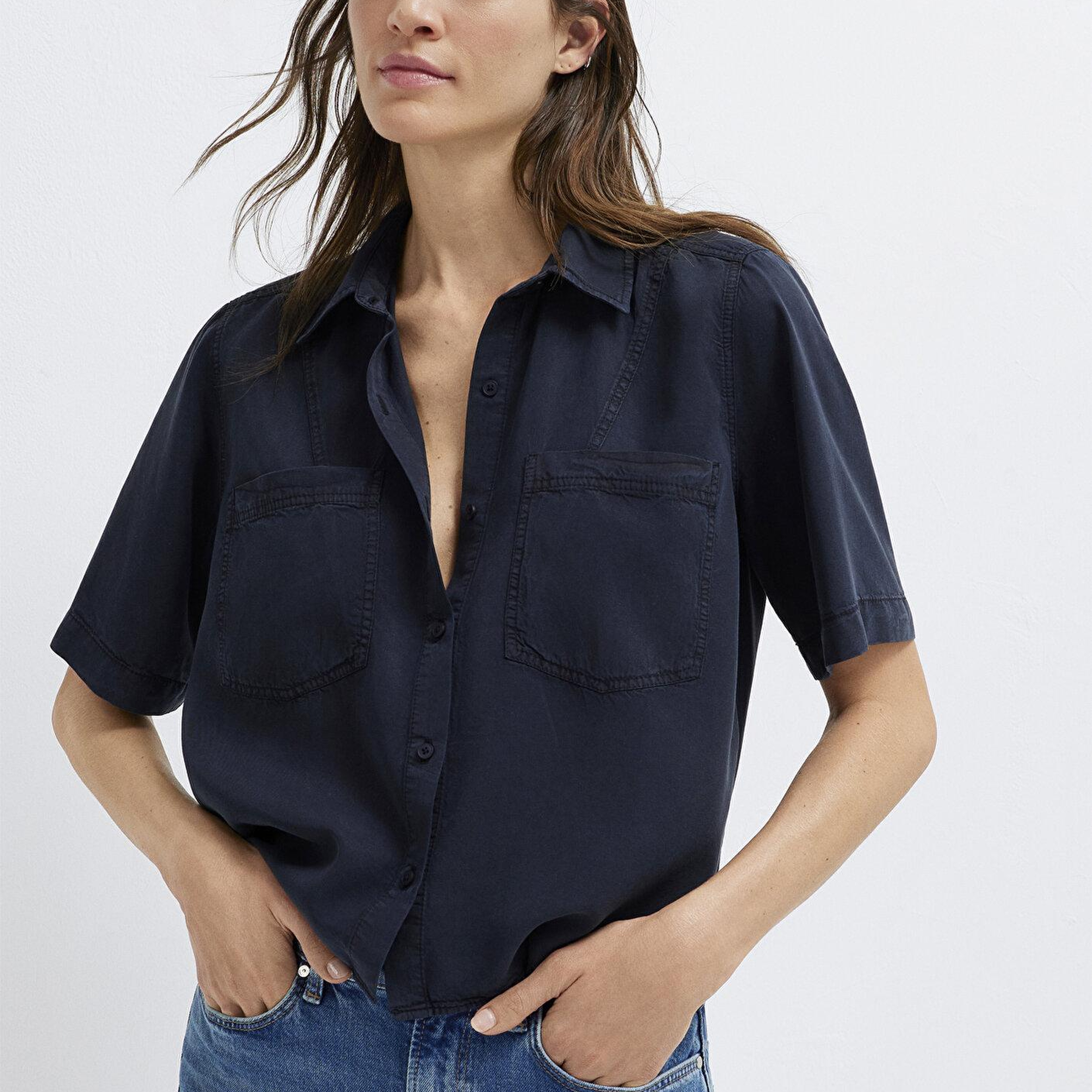 Mavi Lacivert Crop Gömlek Loose Fit / Bol Rahat Kesim 1211458-91598