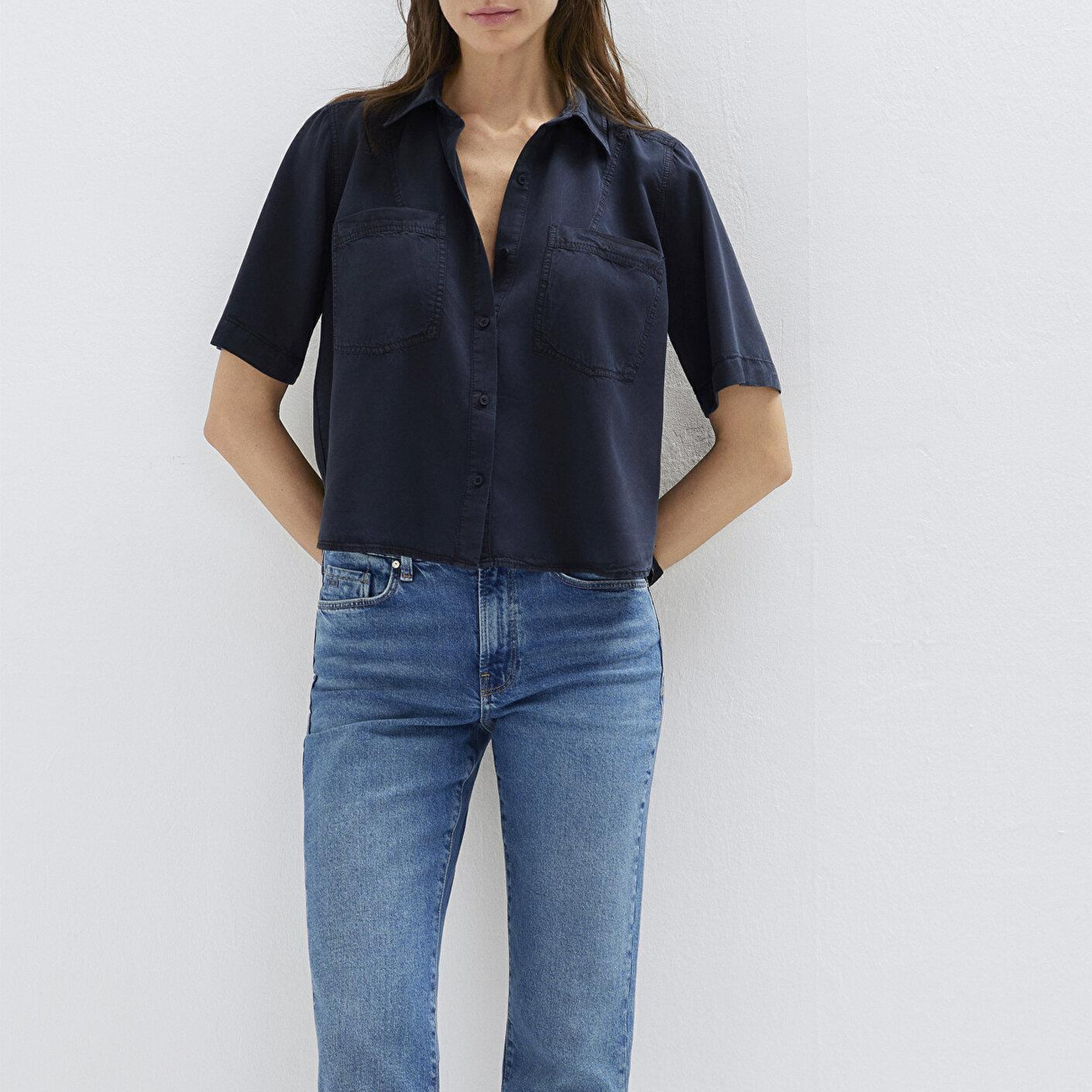 Mavi Lacivert Crop Gömlek Loose Fit / Bol Rahat Kesim 1211458-91598