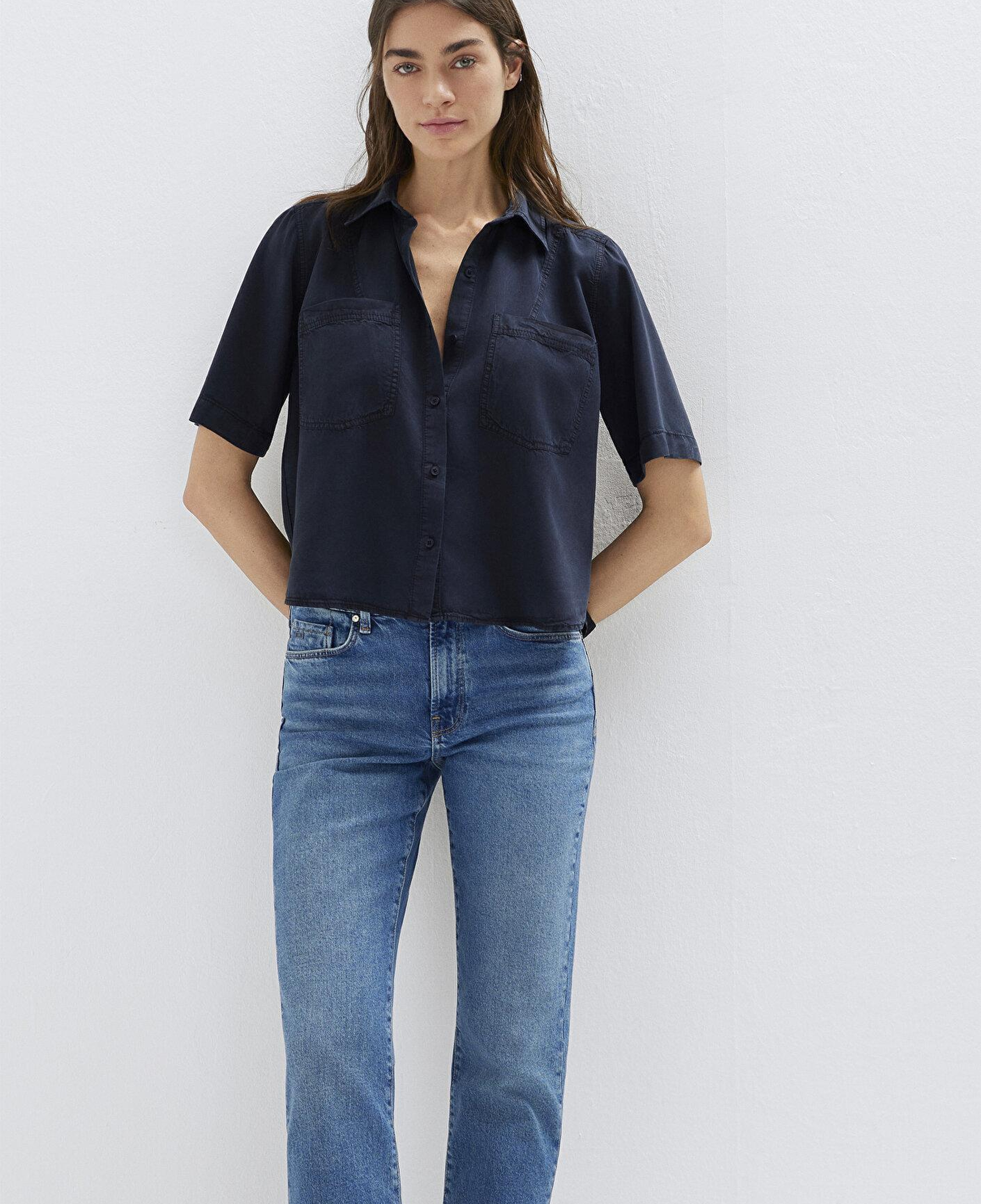 Mavi Lacivert Crop Gömlek Loose Fit / Bol Rahat Kesim 1211458-91598