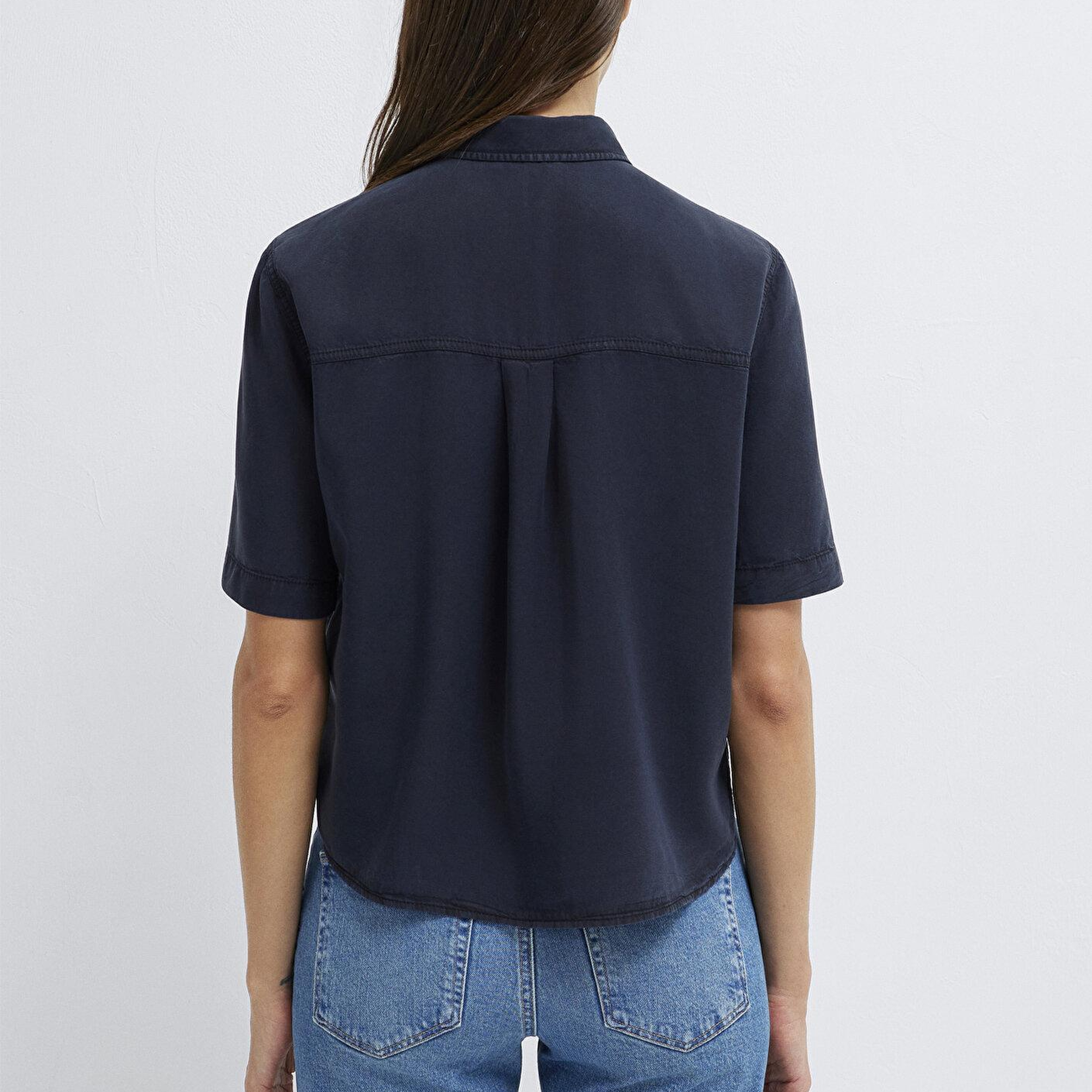 Mavi Lacivert Crop Gömlek Loose Fit / Bol Rahat Kesim 1211458-91598