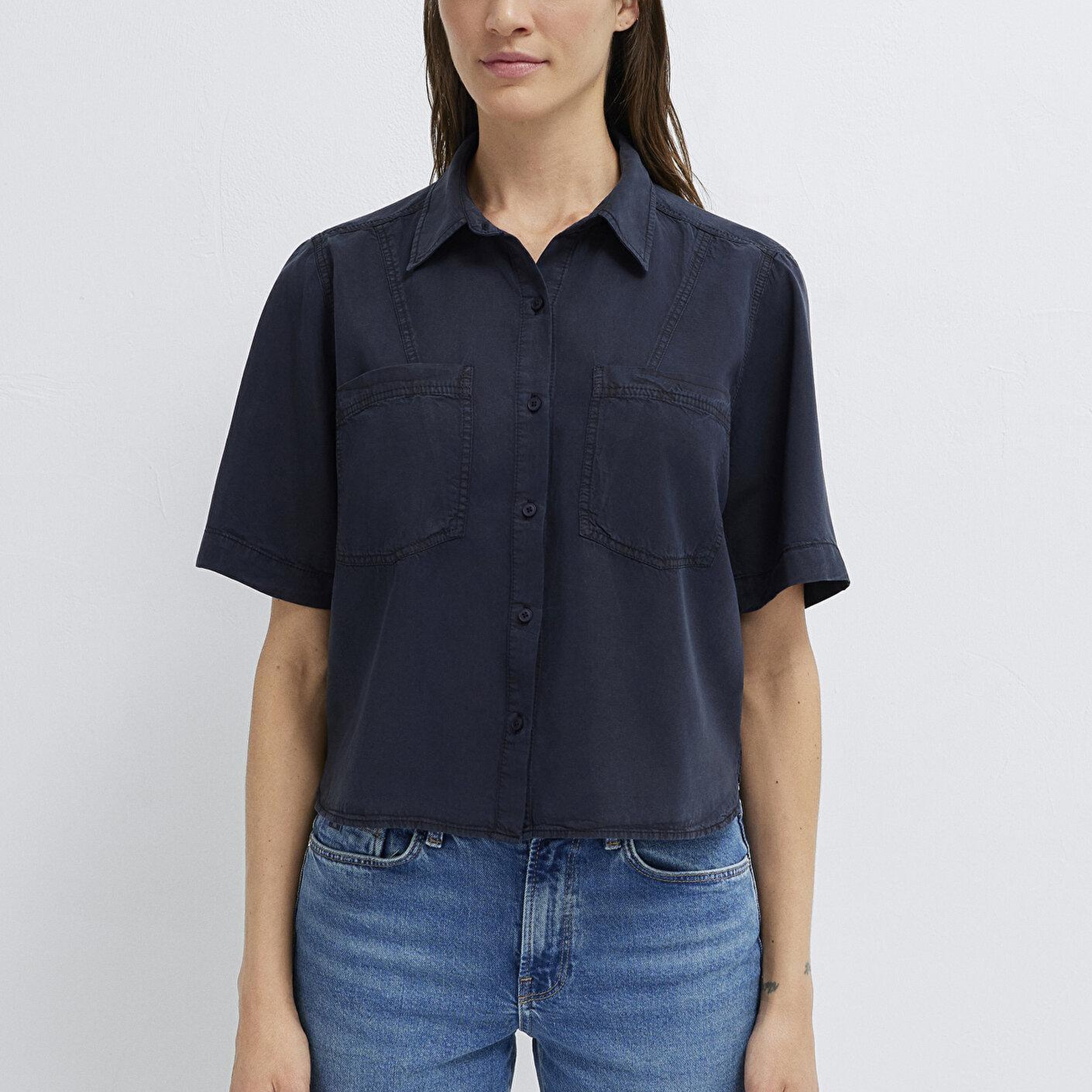 Mavi Lacivert Crop Gömlek Loose Fit / Bol Rahat Kesim 1211458-91598