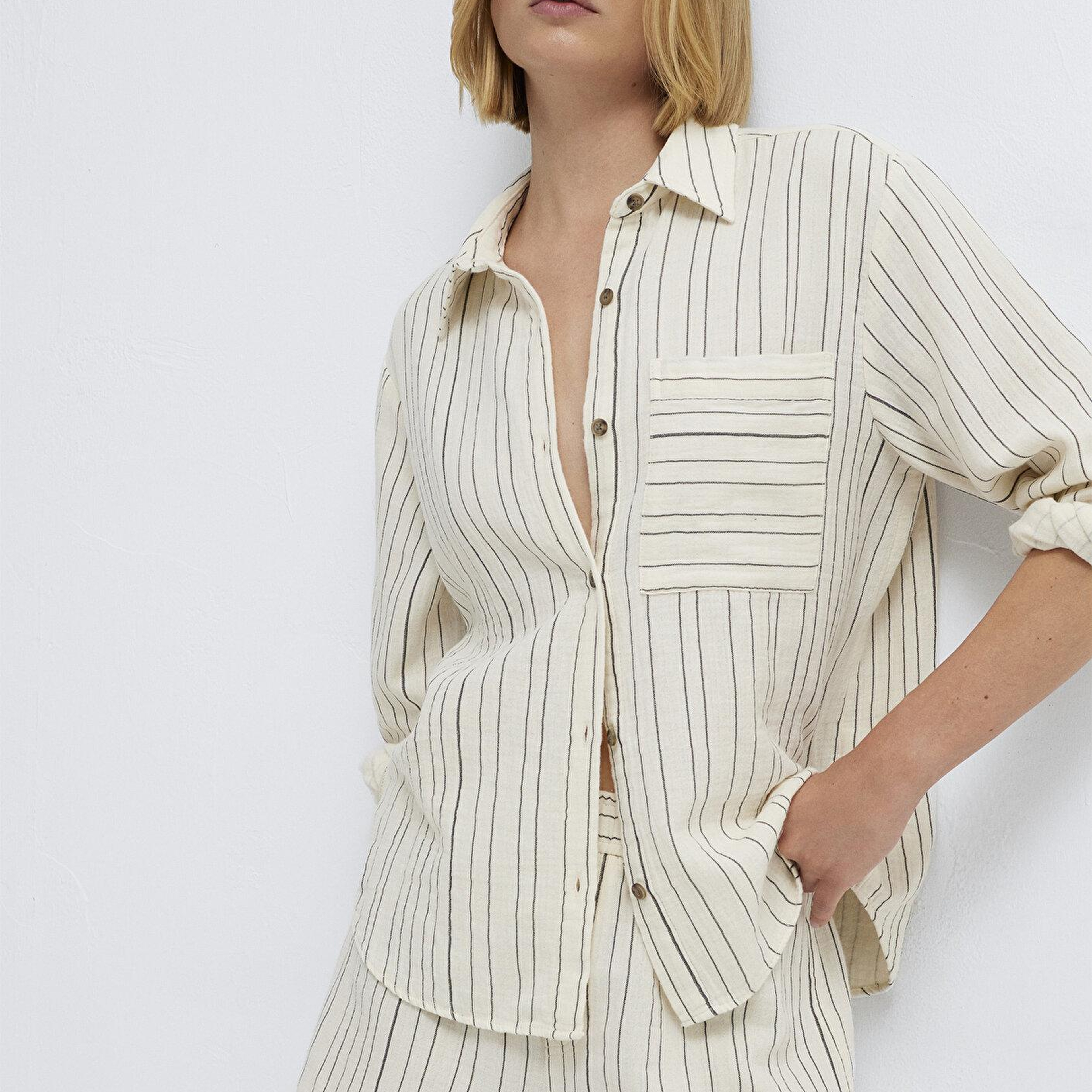 Mavi Çizgili Ekru Gömlek Loose Fit / Bol Rahat Kesim 1211468-84004