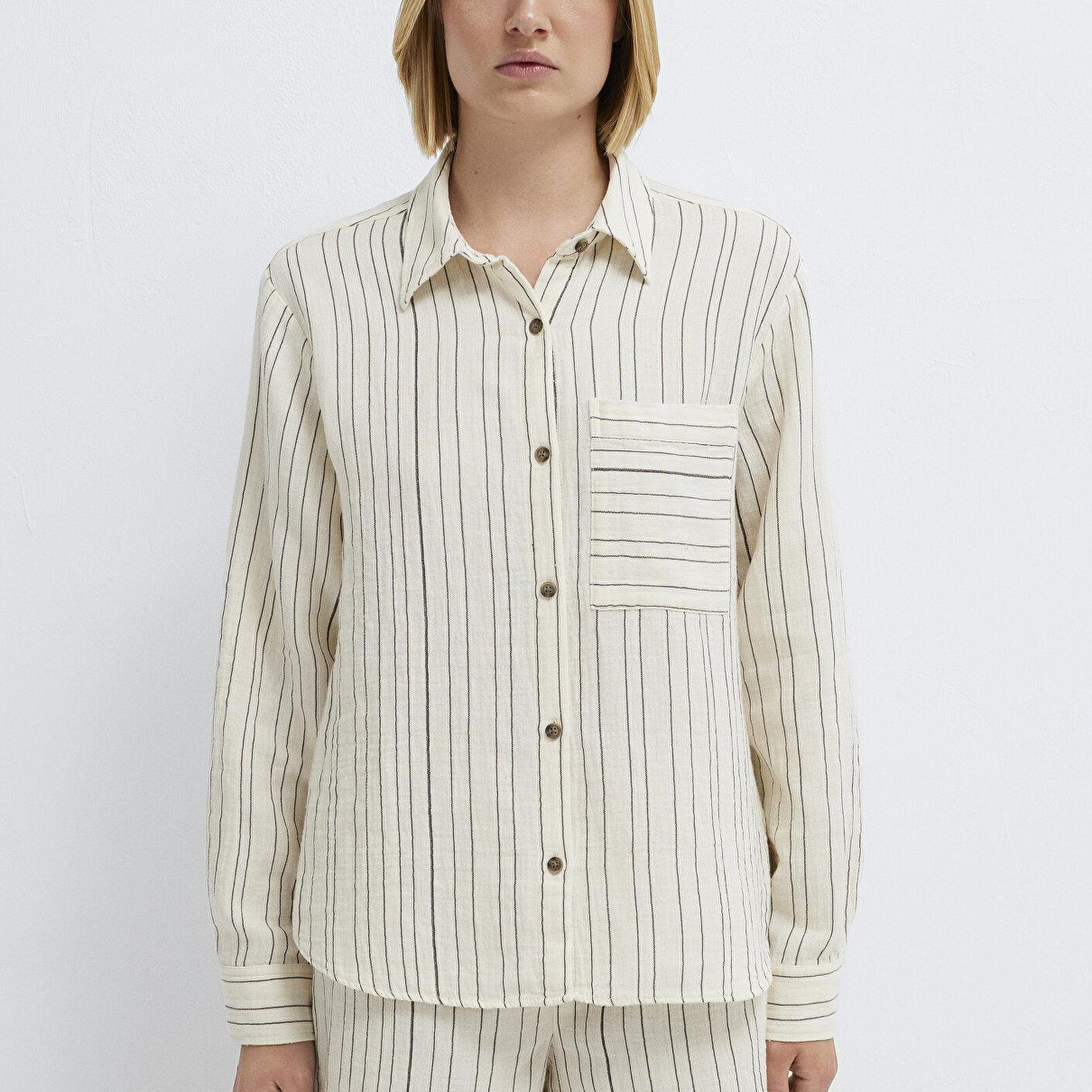 Mavi Çizgili Ekru Gömlek Loose Fit / Bol Rahat Kesim 1211468-84004