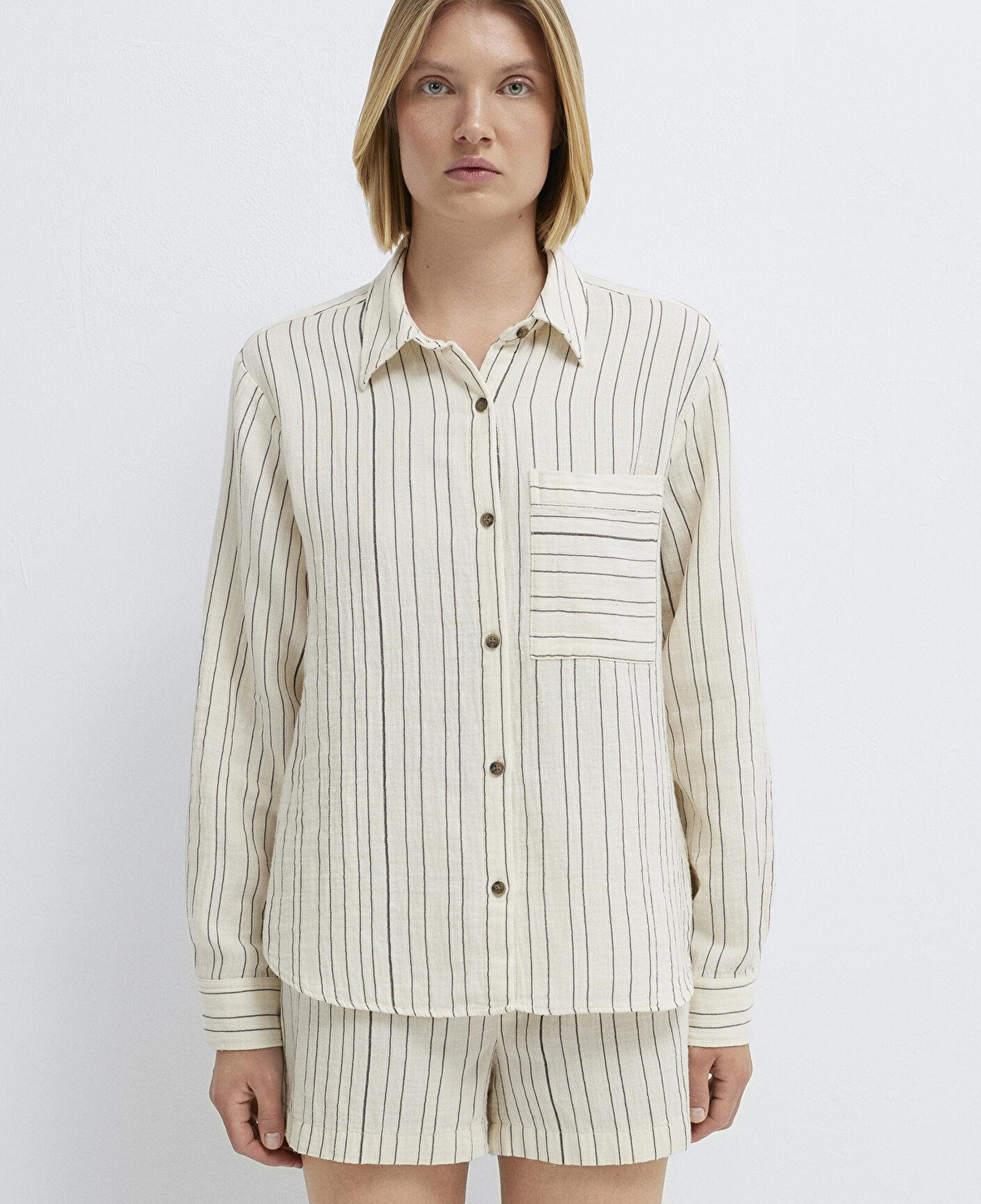 Mavi Çizgili Ekru Gömlek Loose Fit / Bol Rahat Kesim 1211468-84004
