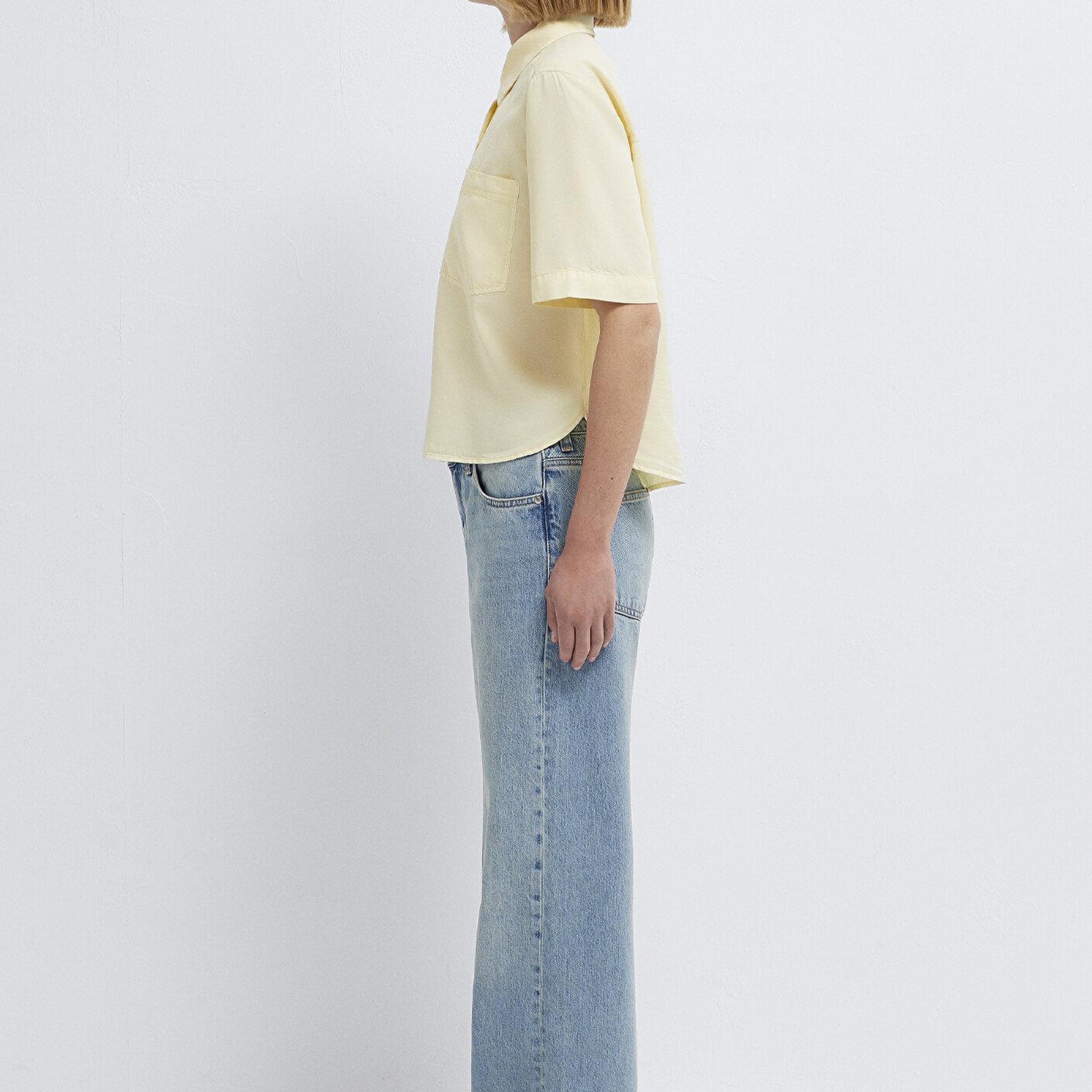 Mavi Sarı Crop Gömlek Loose Fit / Bol Rahat Kesim 1211458-89145